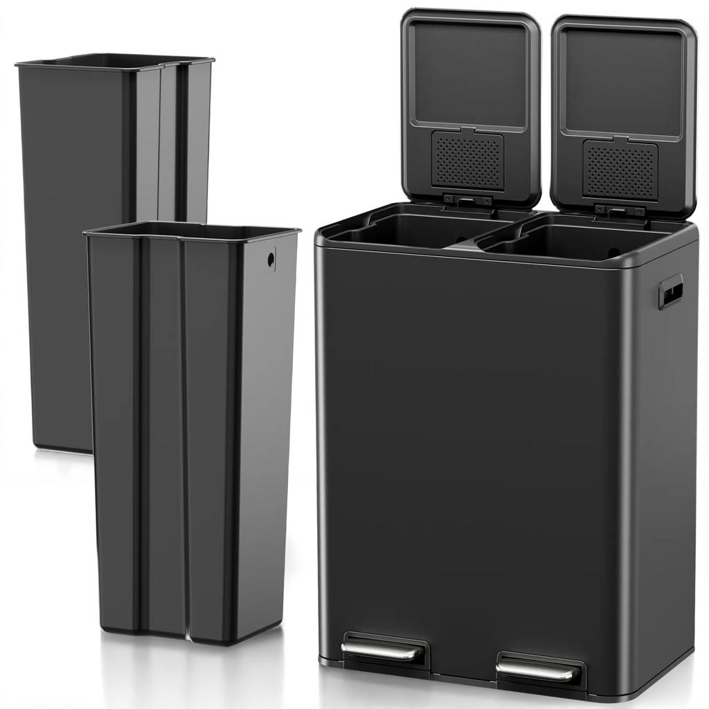 TLSUNNY 16 Gal / 60 L Dual Trash Can, Double Lid Step Bin w/ 2 Odor Control Box & Inner Buckets, for Living Room, Bathroom, Kitchen