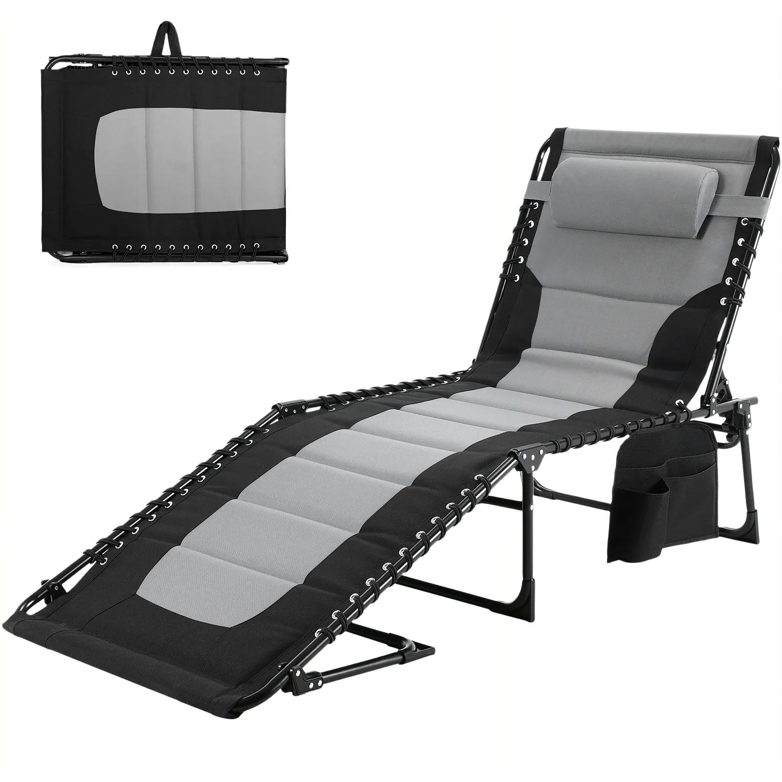 TLSUNNY Outdoor Folding Lounge Chair, Portable Adjustable Back & Leg Chaise Lounges with Pillow, Side Pocket, Carrying Handle, for Patio, Office