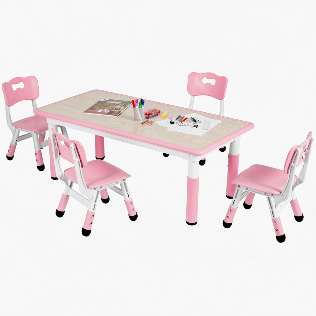 TLSUNNY Kids Table and 4 Chairs, Adjustable Height Childrens Activity Set with Graffiti Desktop & Anti-Slip Legs, for Daycare Classroom Home
