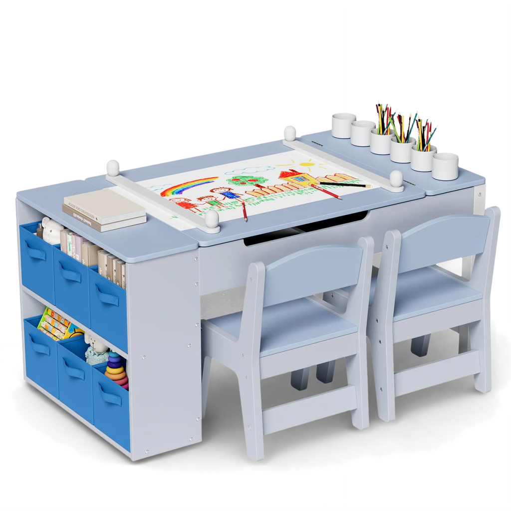 TLSUNNY Kids Art Table and 2 Chairs Set, Toddlers Craft Table Set with Storage Bins, Paint Cups and Paper Roll, Activity Table Set for Age 3+