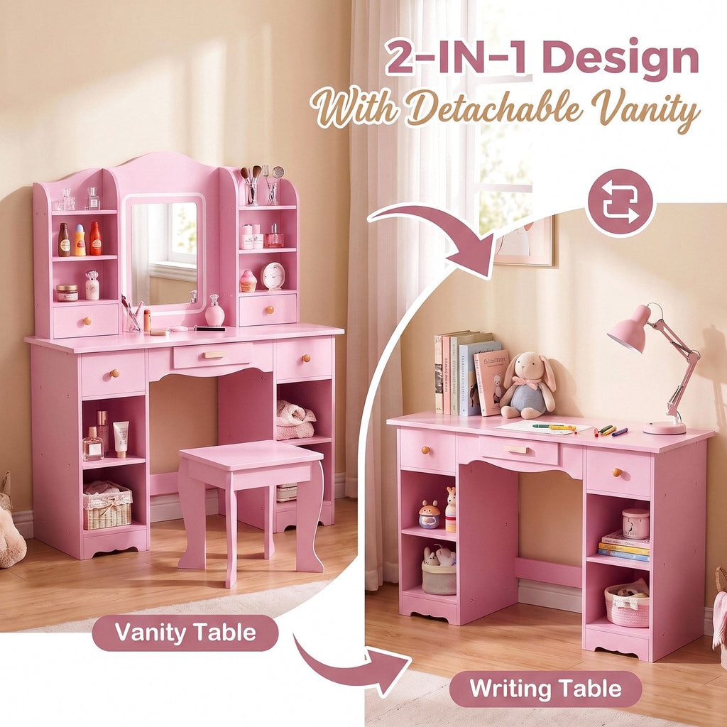TLSUNNY Kids Vanity and Stool Set with Mirror & Adjustable Lights, Wooden Pretend Play Makeup Desk, Use for Study Desk