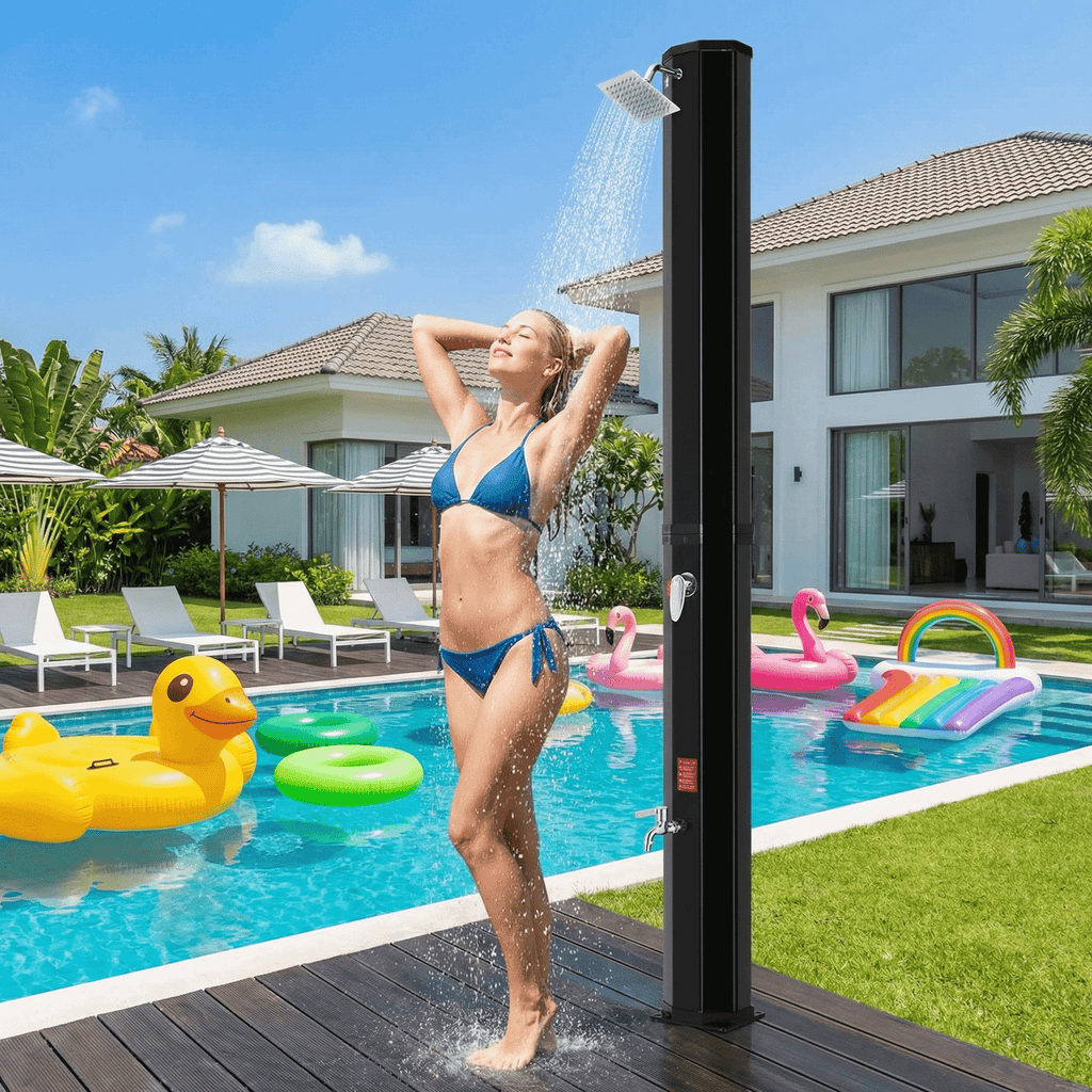 TLSUNNY 10.6/16 Gal Solar Heated Shower, Water Temperature Adjustable, W/ 360° Rotating Shower Head, Faucet, Protective Cover, 7.5FT Freestanding Outdoor Shower for Pool, Garden, Beach, SPA, Backyard