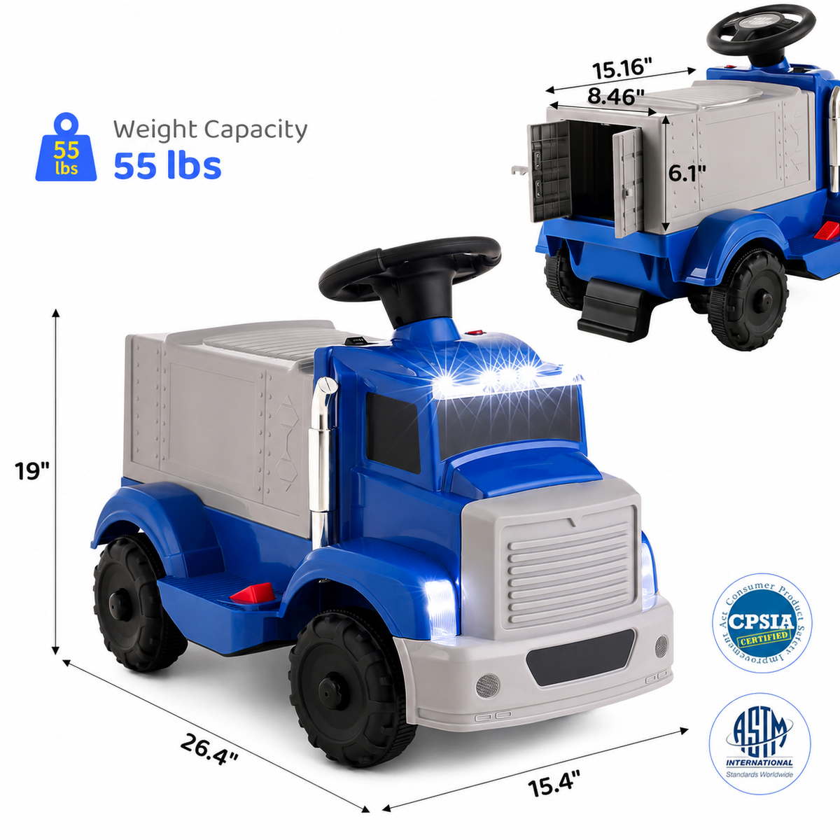 TLSUNNY 6V Kids Ride On Truck, Battery Powered Vehicle with Lights, Music Player, Cargo Storage, Horn, Pedal Drive for Toddlers, Blue