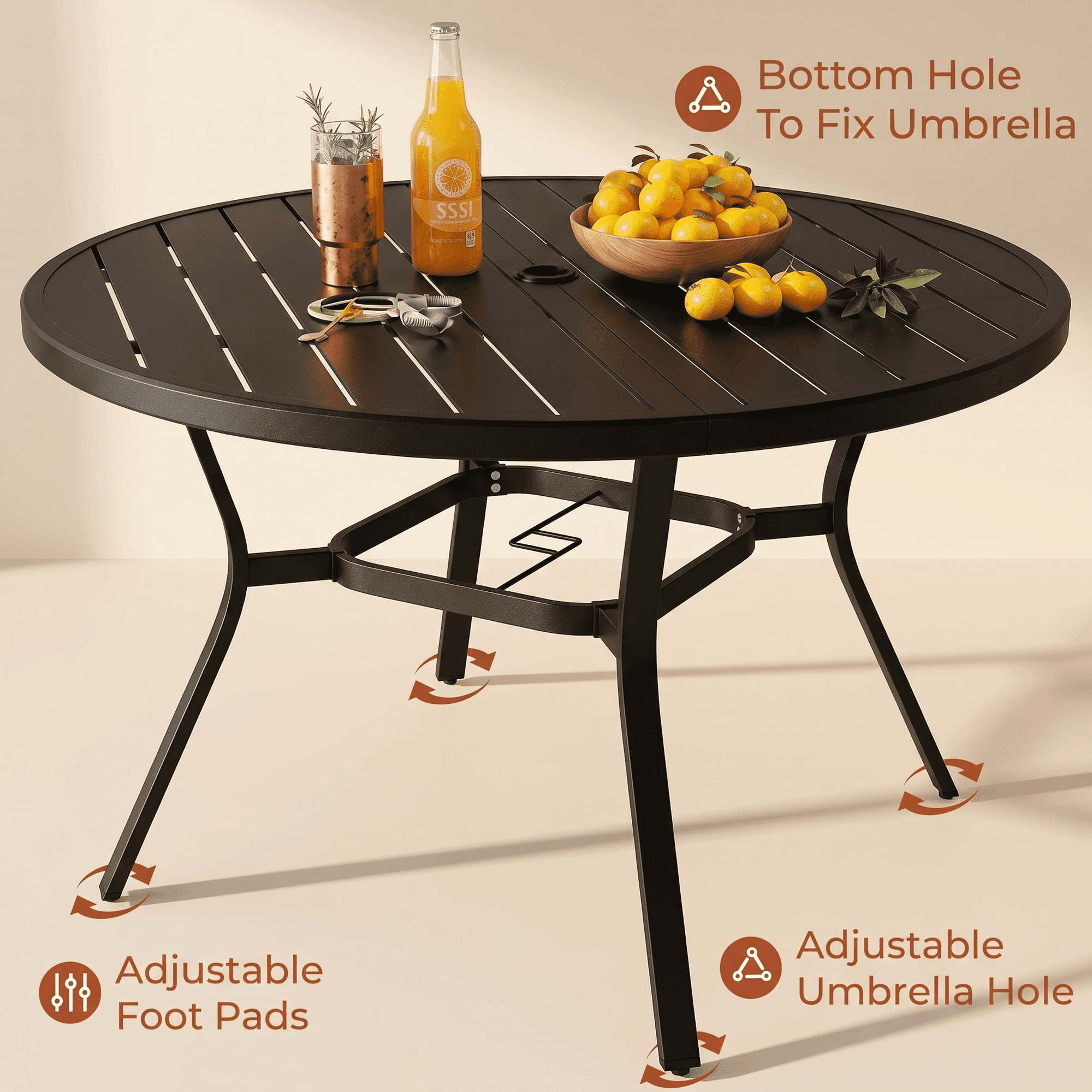 TLSUNNY 5-Piece Outdoor Dining Set for 4, 47.2" Round Black Metal Table W/ Umbrella Hole & 4 Iron Swivel Chairs, Patio Dining Furniture, for Patio, Deck, Porch (Umbrella Not Included)