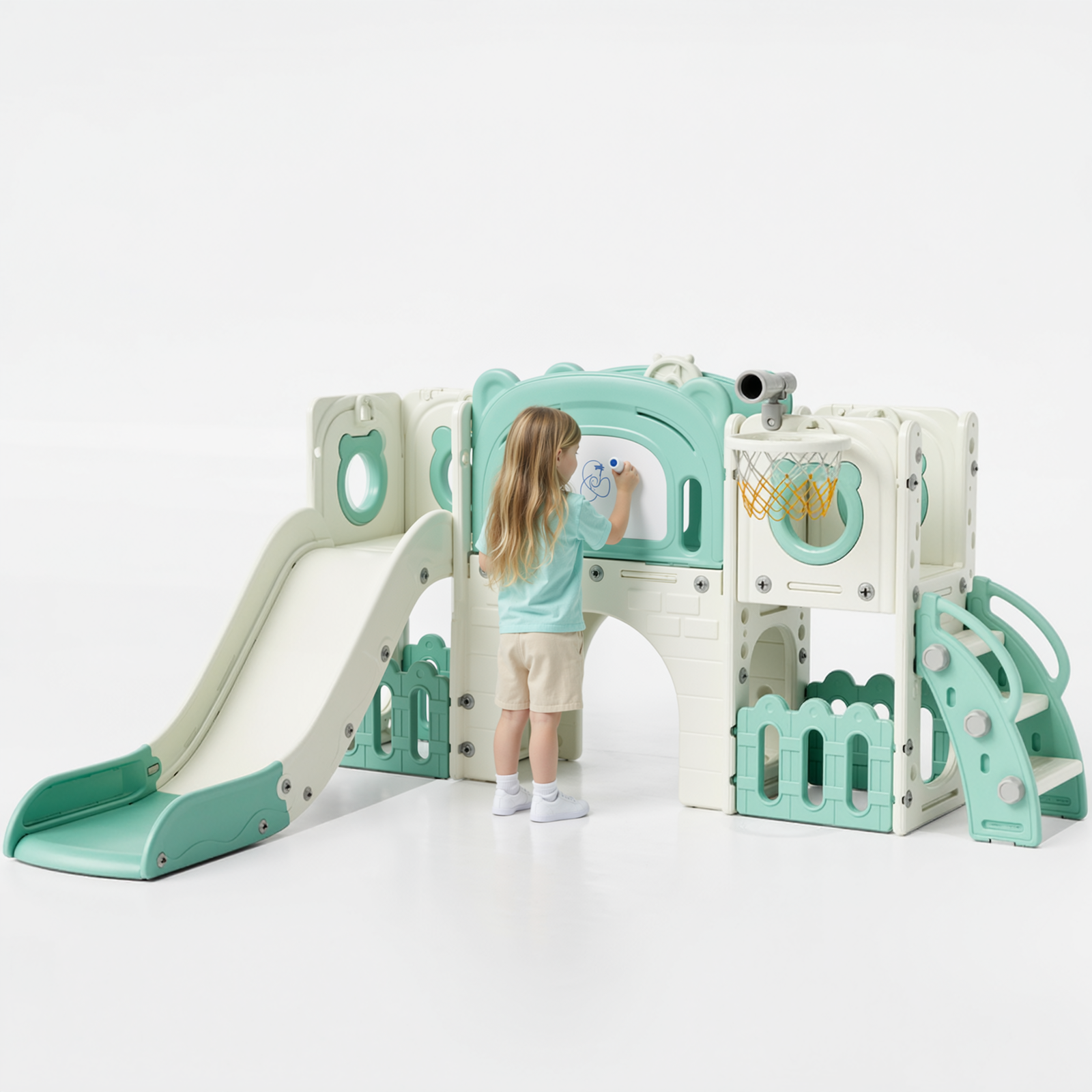 TLSUNNY 10-in-1 Kids Slide & Climber Set, with Basketball Hoop, Telescope, Drawing Board, Tunnel, Indoor Outdoor Toddler Playset