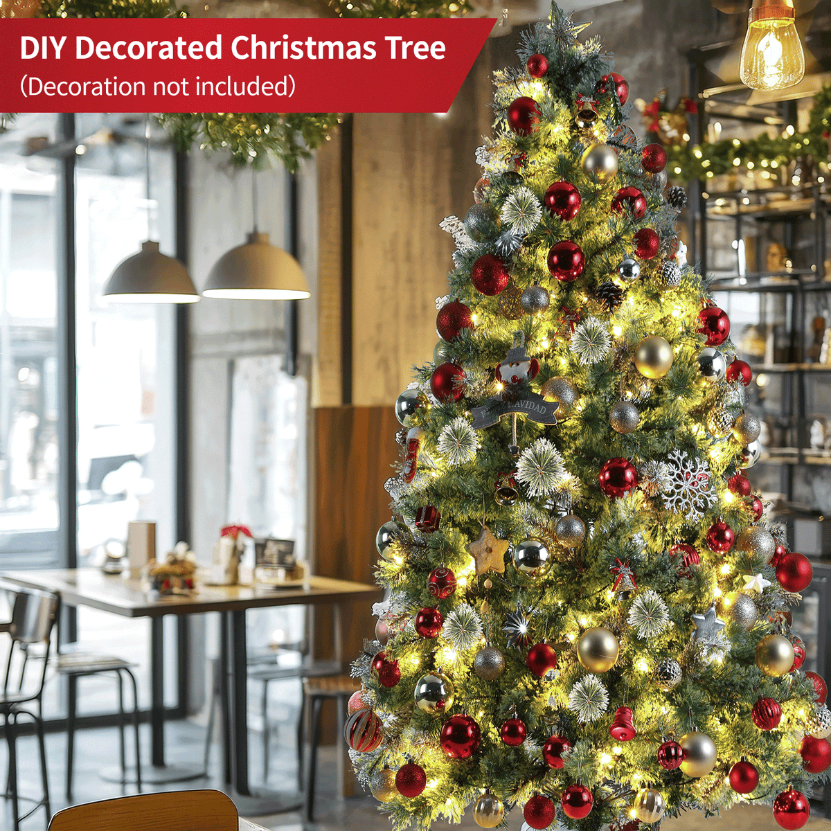 TLSUNNY 6/8/9ft Pre-lit Artificial Christmas Tree with 550 Branche Tips 250 LED Warm Lights, Fluffy Snow Flocked Pine Tree, Metal Stand Hinged Xmas Tree