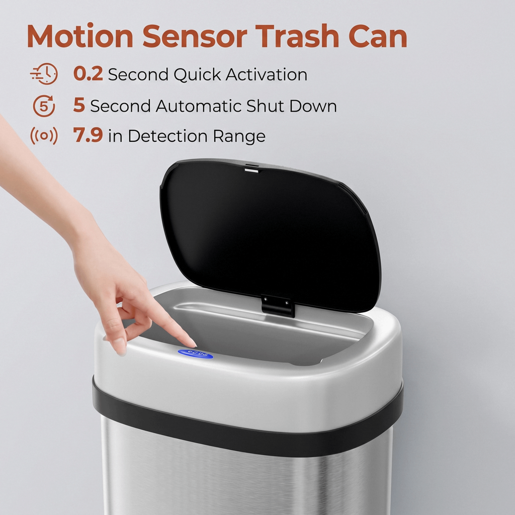 TLSUNNY 13.2/15.6/18.5 Gallon Automatic Touchless Motion Sensor Garbage Bin, Stainless Steel Kitchen Trash Can W/ Soft-Close Lid, Wave or Touch to Open