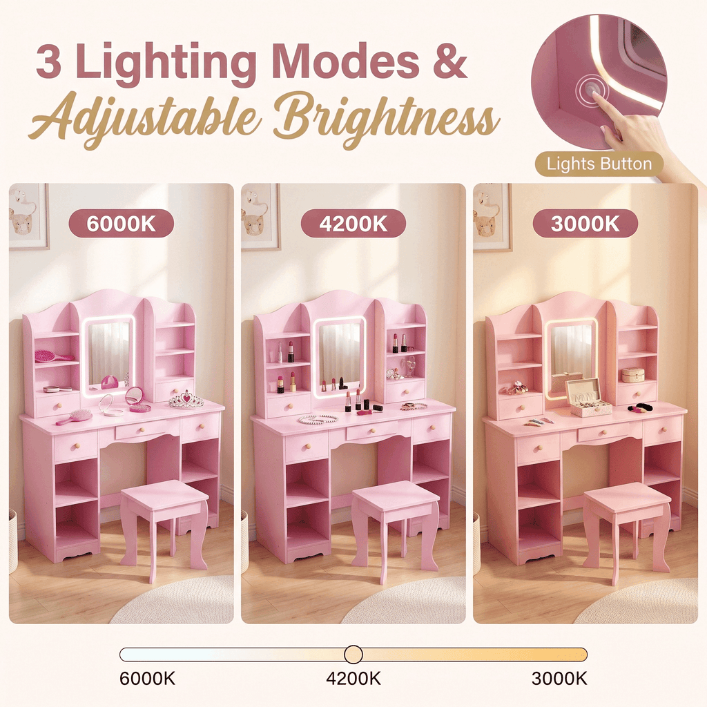 TLSUNNY Kids Vanity and Stool Set with Mirror & Adjustable Lights, Wooden Pretend Play Makeup Desk, Use for Study Desk