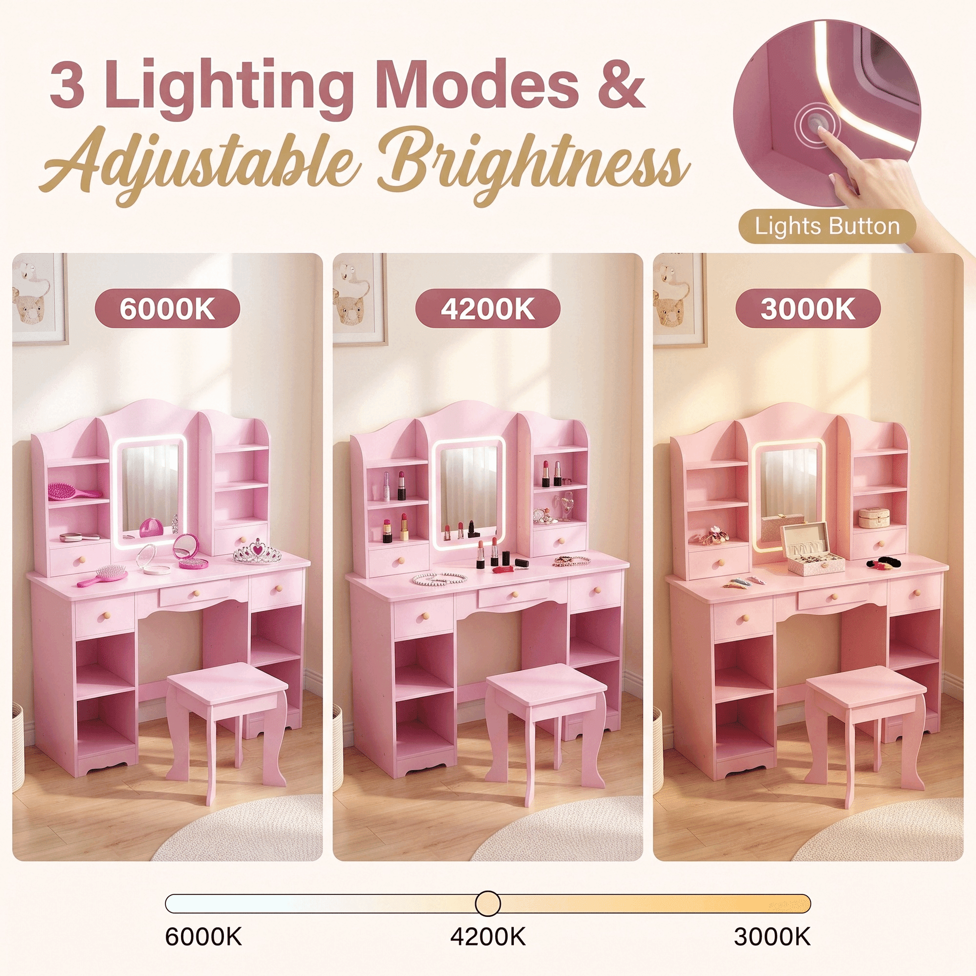 TLSUNNY Kids Vanity and Stool Set with Mirror & Adjustable Lights, Wooden Pretend Play Makeup Desk, Use for Study Desk