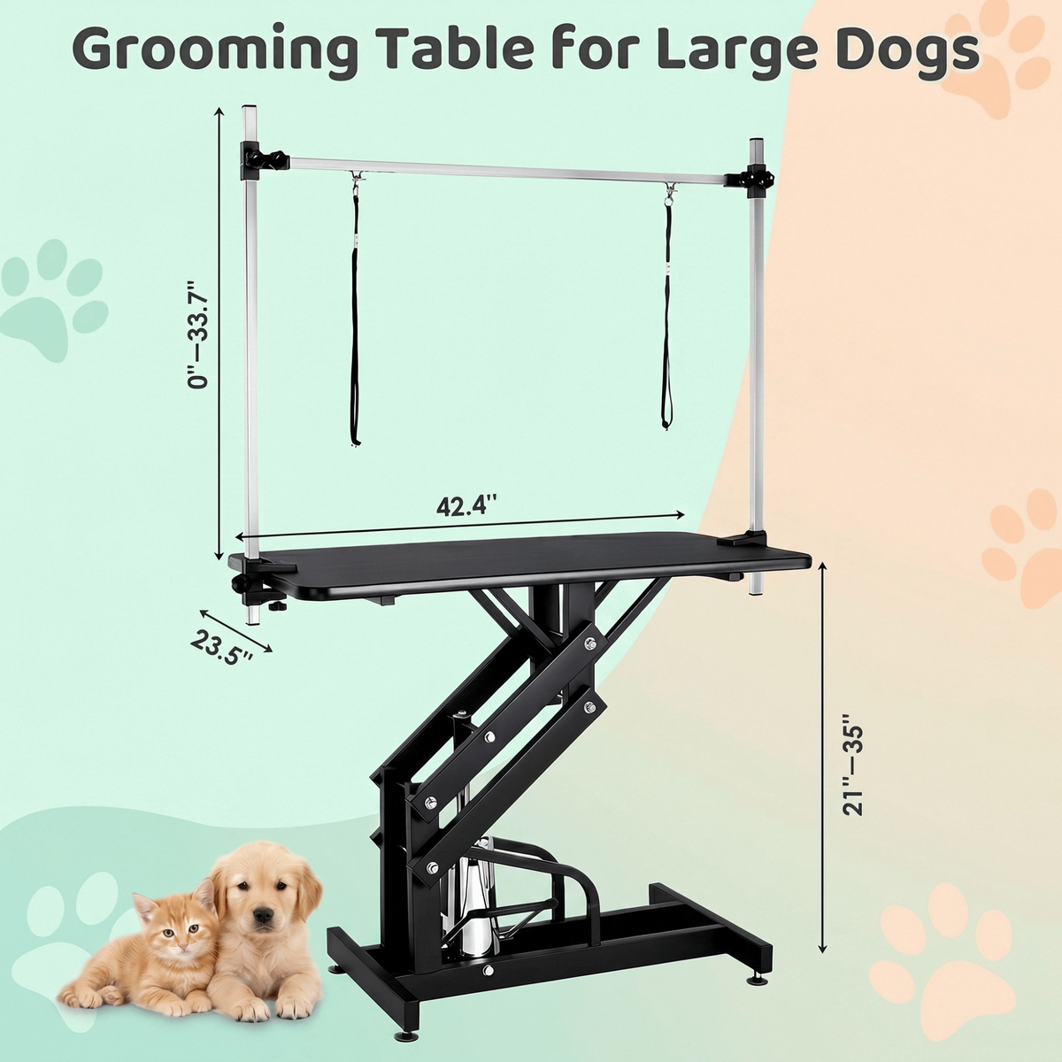 TLSUNNY 42.4'' Hydraulic Pet Dog Grooming Table for Dogs & Cats, 21"- 35" Height Adjustable Heavy Duty, Adjustable Overhead Arm & Noose, Non-Slip Top, 350 LBS