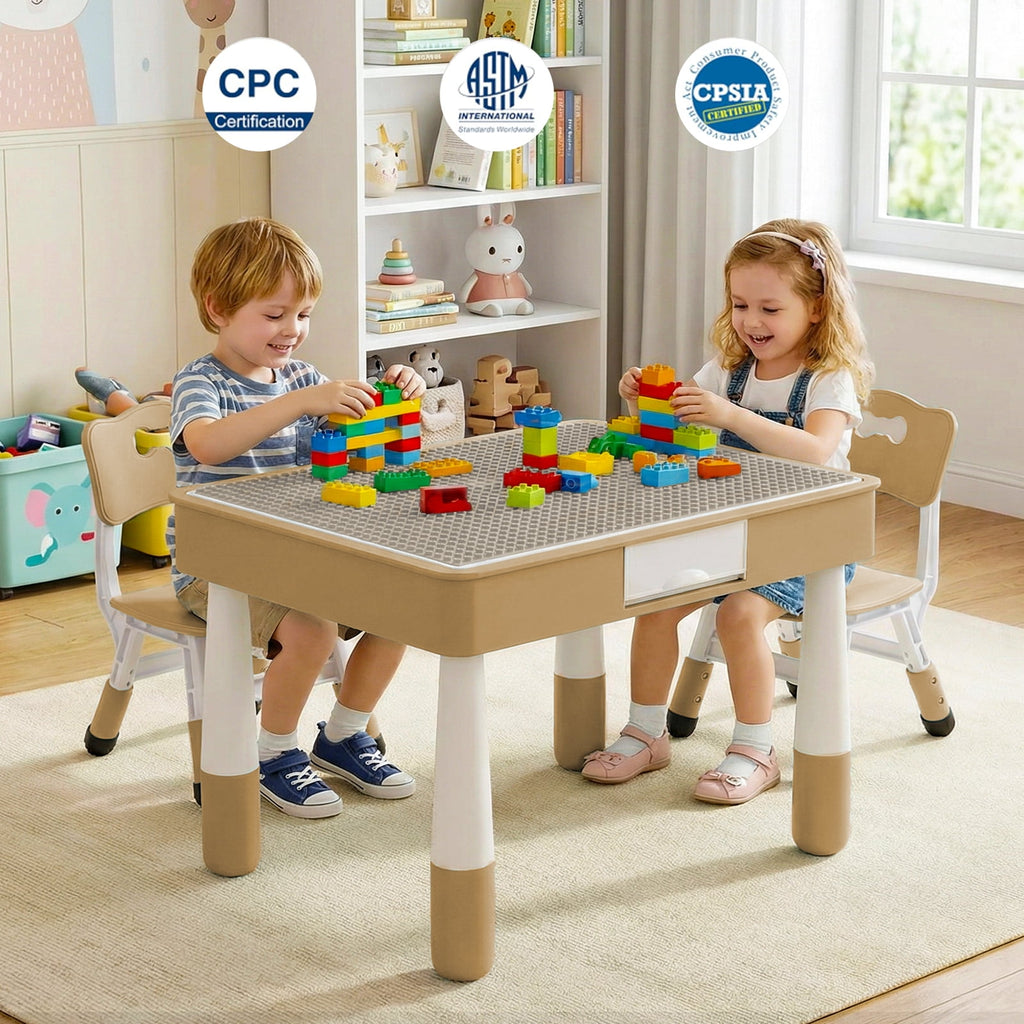 TLSUNNY Kids Table and 2 Chairs Set, W/ Double-Sided Graffiti/Building Blocks Activity Tabletop and 2 Drawers for Drawing/Playing/Reading, for Toddlers