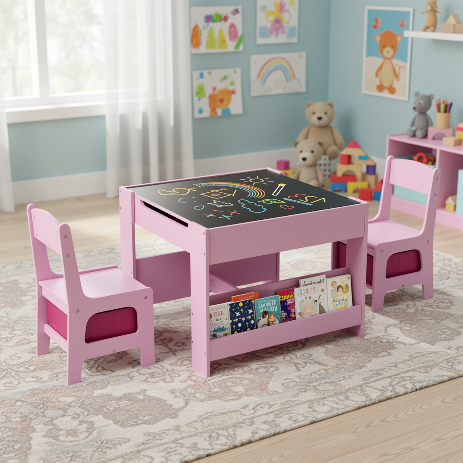 TLSUNNY Kids Table and Chairs Set, 4-in-1 Toddler Activity Art Table with Bookshelf Storage & Reversible Top, for Drawing, Playing, Learning