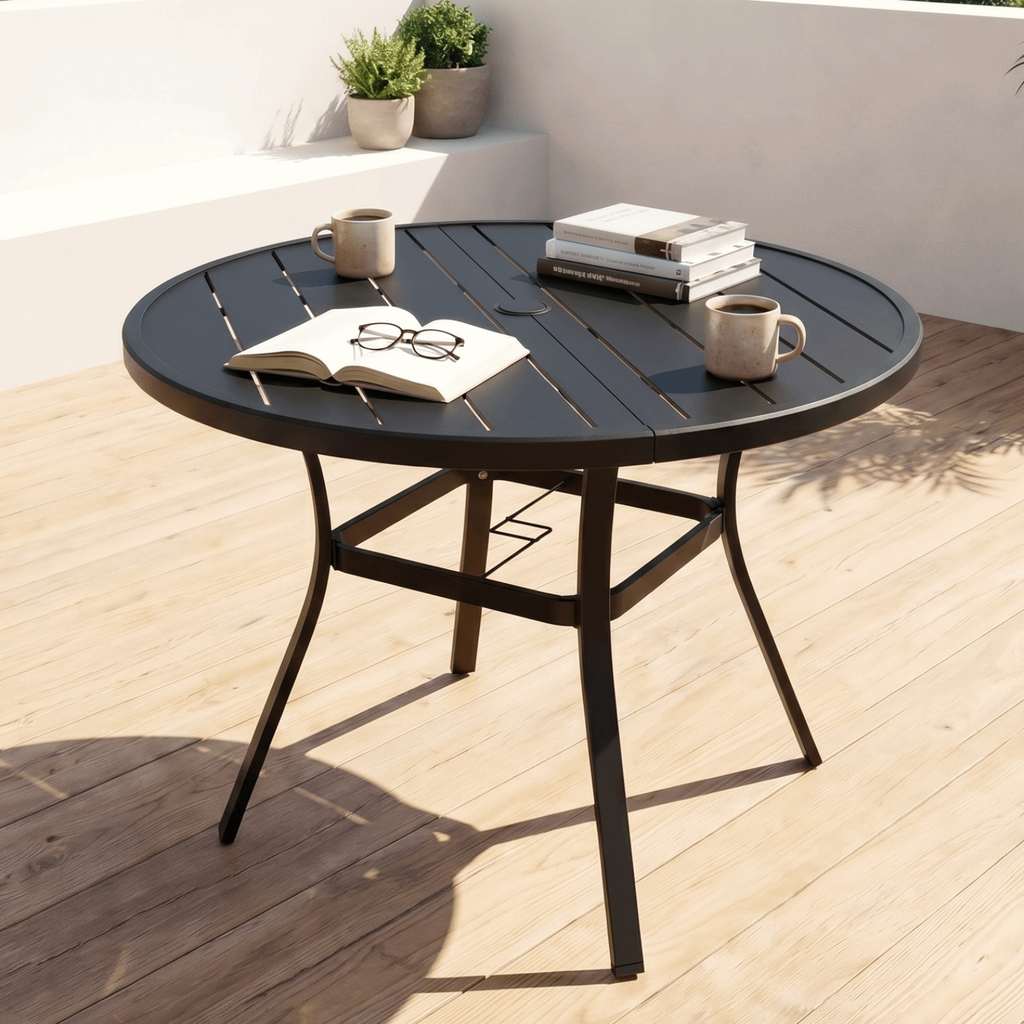 TLSUNNY Outdoor Patio Round Dining Table, with 1.57"-1.8" Adjustable Umbrella Hole & Foot Pads, Metal Frame & E-Coating, for Balcony, Poolside, Deck