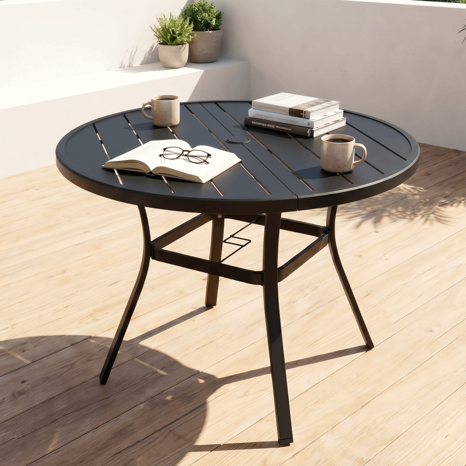 TLSUNNY Outdoor Patio Round Dining Table, with 1.57"-1.8" Adjustable Umbrella Hole & Foot Pads, Metal Frame & E-Coating, for Balcony, Poolside, Deck