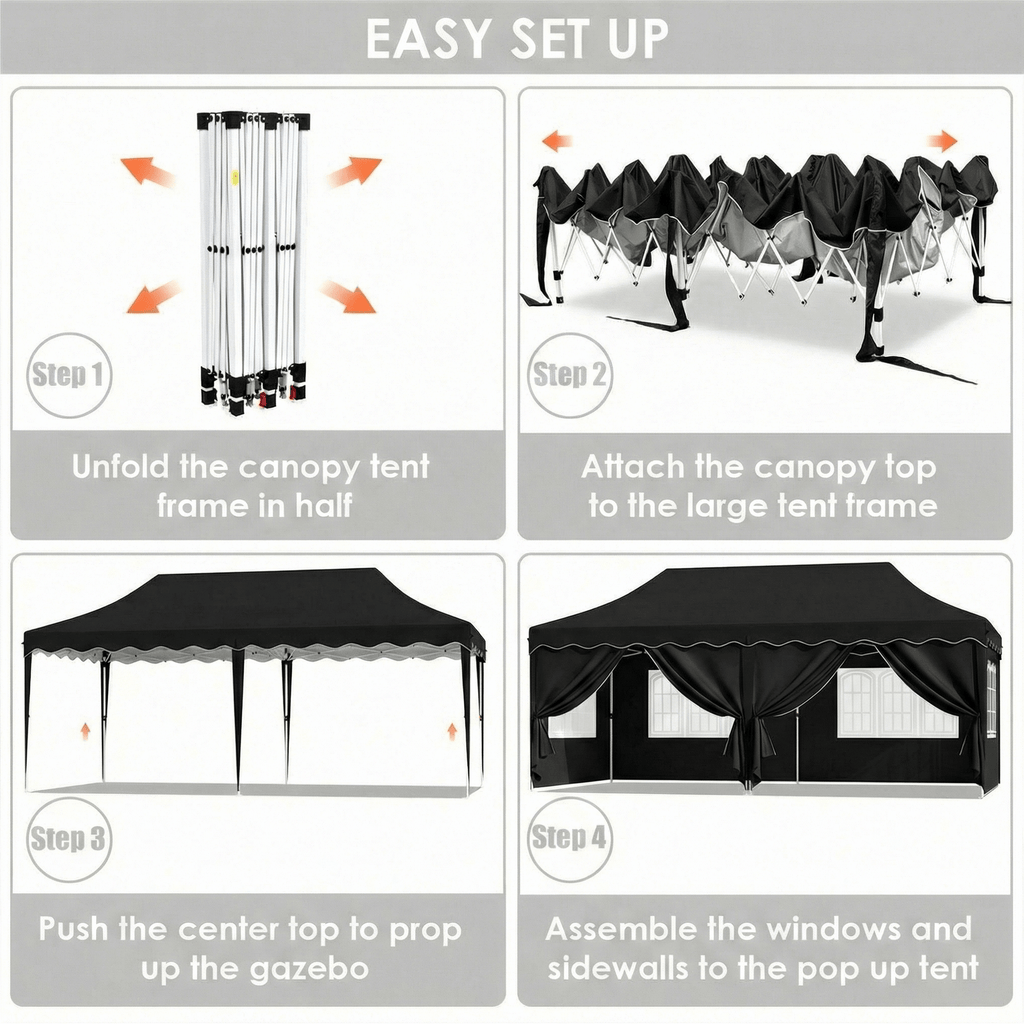 TLSUNNY 10'x20' Pop up Canopy Tent with 6 Sidewalls, Adjustable Height Commercial Events Instant Gazebo, with Wheeled Bag