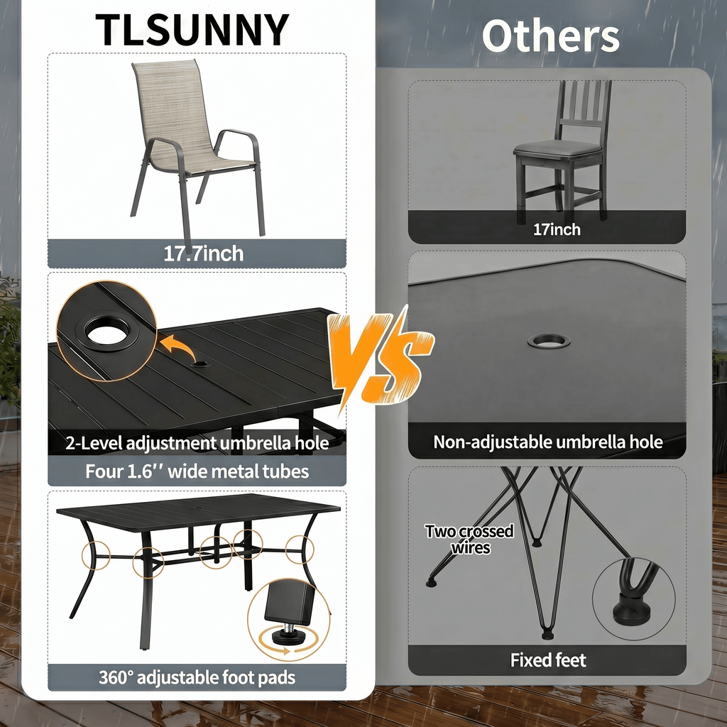 TLSUNNY Outdoor Dining Set, Patio Metal Table and 6 Chairs Set, W/ Umbrella Hole, Stackable Chairs, Outdoor Furniture for Backyard, Porch, Garden