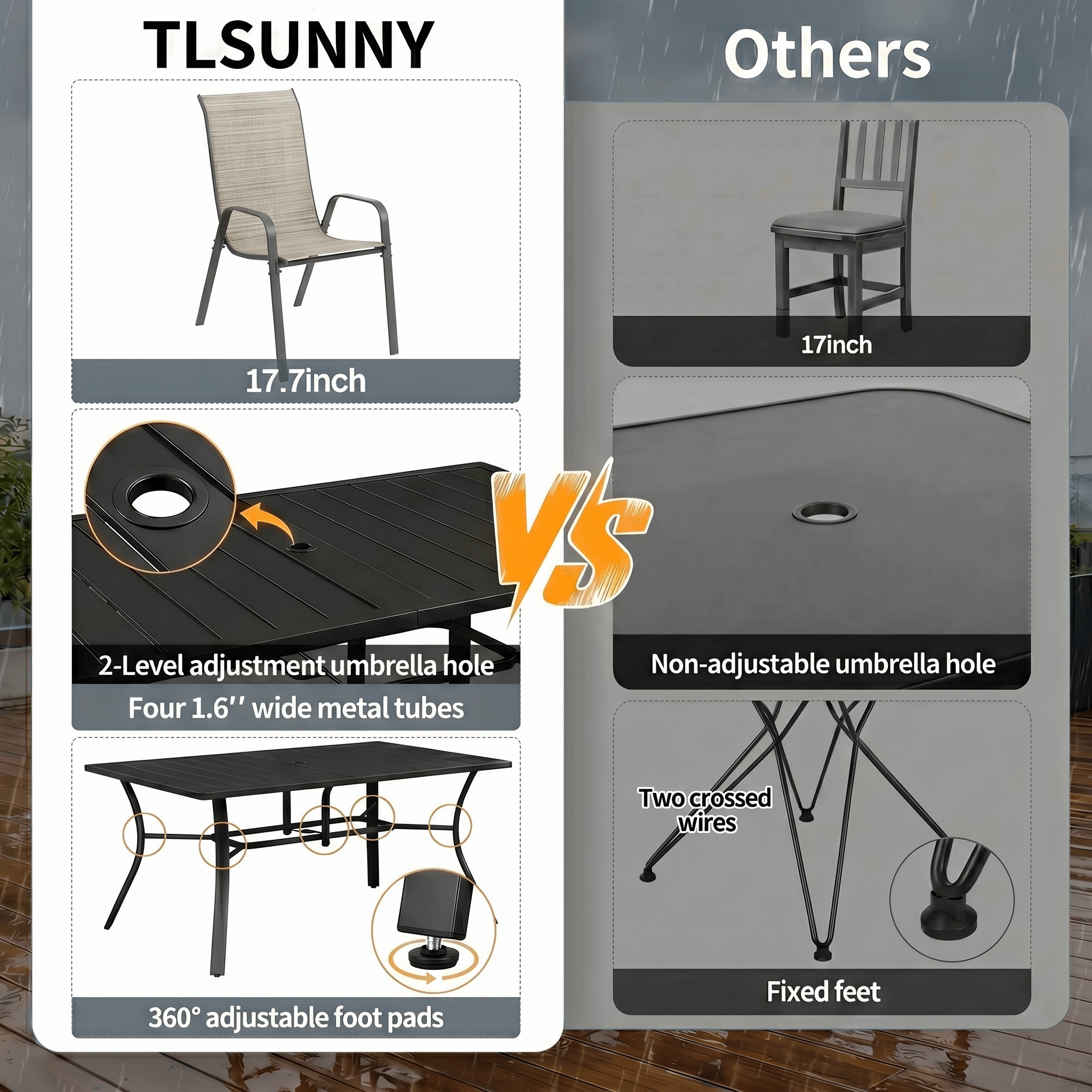 TLSUNNY Outdoor Dining Set, Patio Metal Table and 6 Chairs Set, W/ Umbrella Hole, Stackable Chairs, Outdoor Furniture for Backyard, Porch, Garden