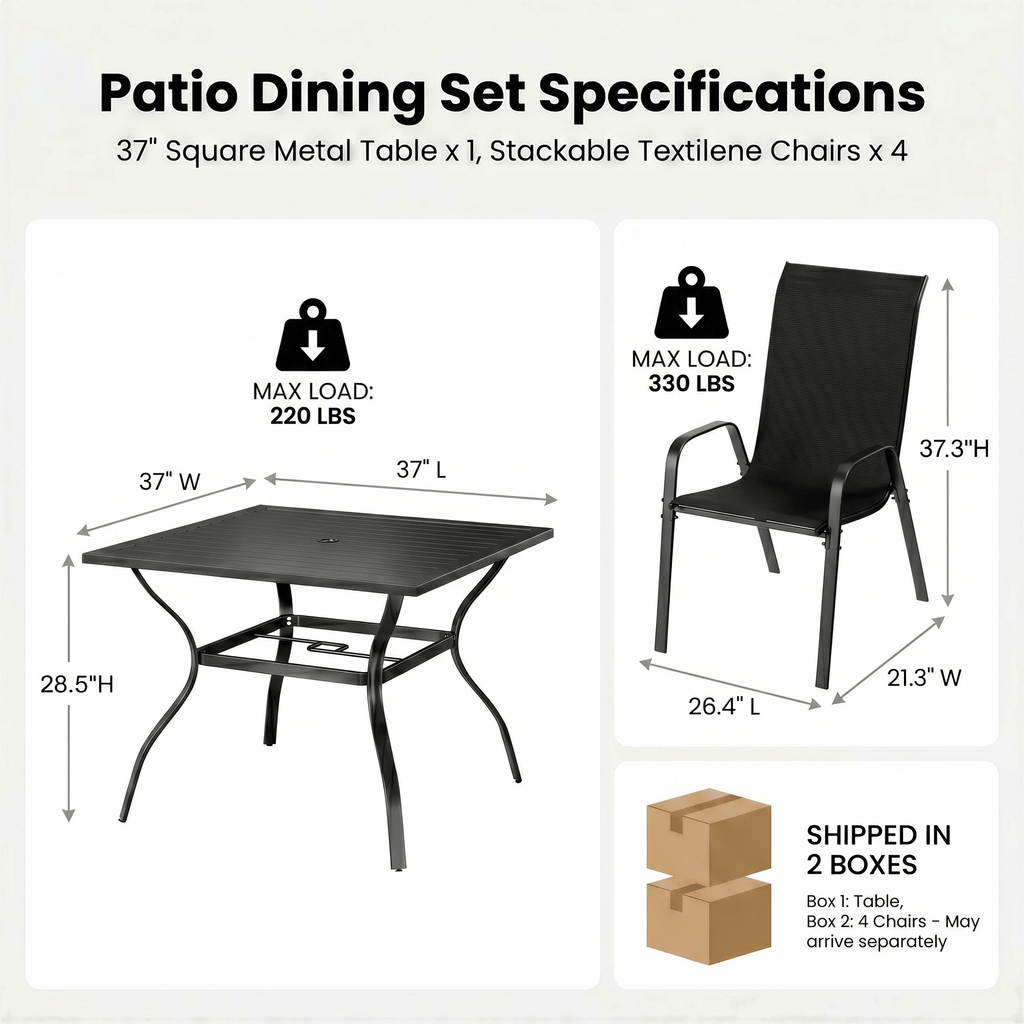 TLSUNNY 5-Piece Outdoor Patio Dining Set, W/ Metal Iron Square Table & Textilene Chairs for 4-Person