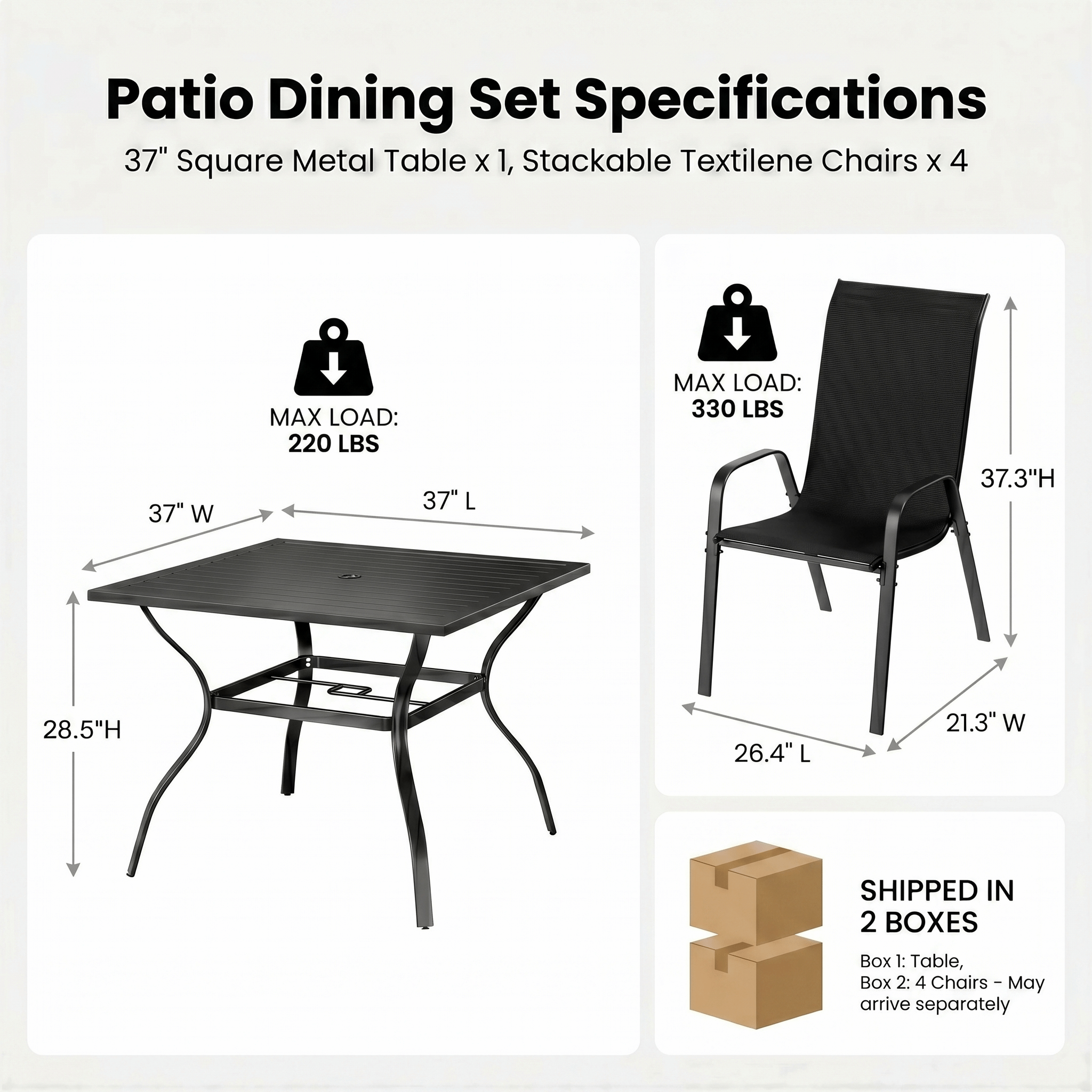 TLSUNNY 5-Piece Outdoor Patio Dining Set, W/ Metal Iron Square Table & Textilene Chairs for 4-Person
