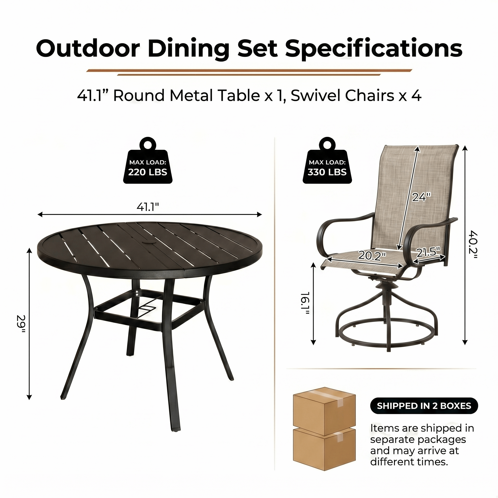 TLSUNNY Outdoor Dining Set, Patio Metal Table and Swivel Chairs Set, W/ Umbrella Hole & Foot Pads, Outdoor Furniture for Backyard, Porch, Garden