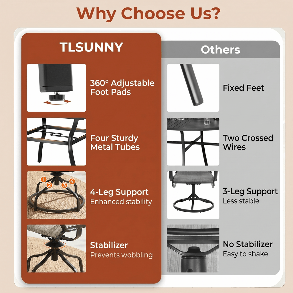 TLSUNNY Outdoor Dining Set, Patio Metal Table and Swivel Chairs Set, W/ Umbrella Hole & Foot Pads, Outdoor Furniture for Backyard, Porch, Garden