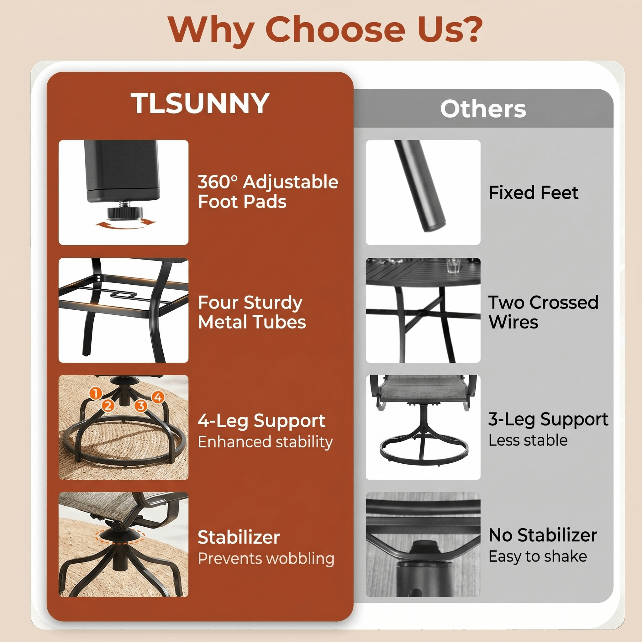TLSUNNY Outdoor Dining Set, Patio Metal Table and Swivel Chairs Set, W/ Umbrella Hole & Foot Pads, Outdoor Furniture for Backyard, Porch, Garden
