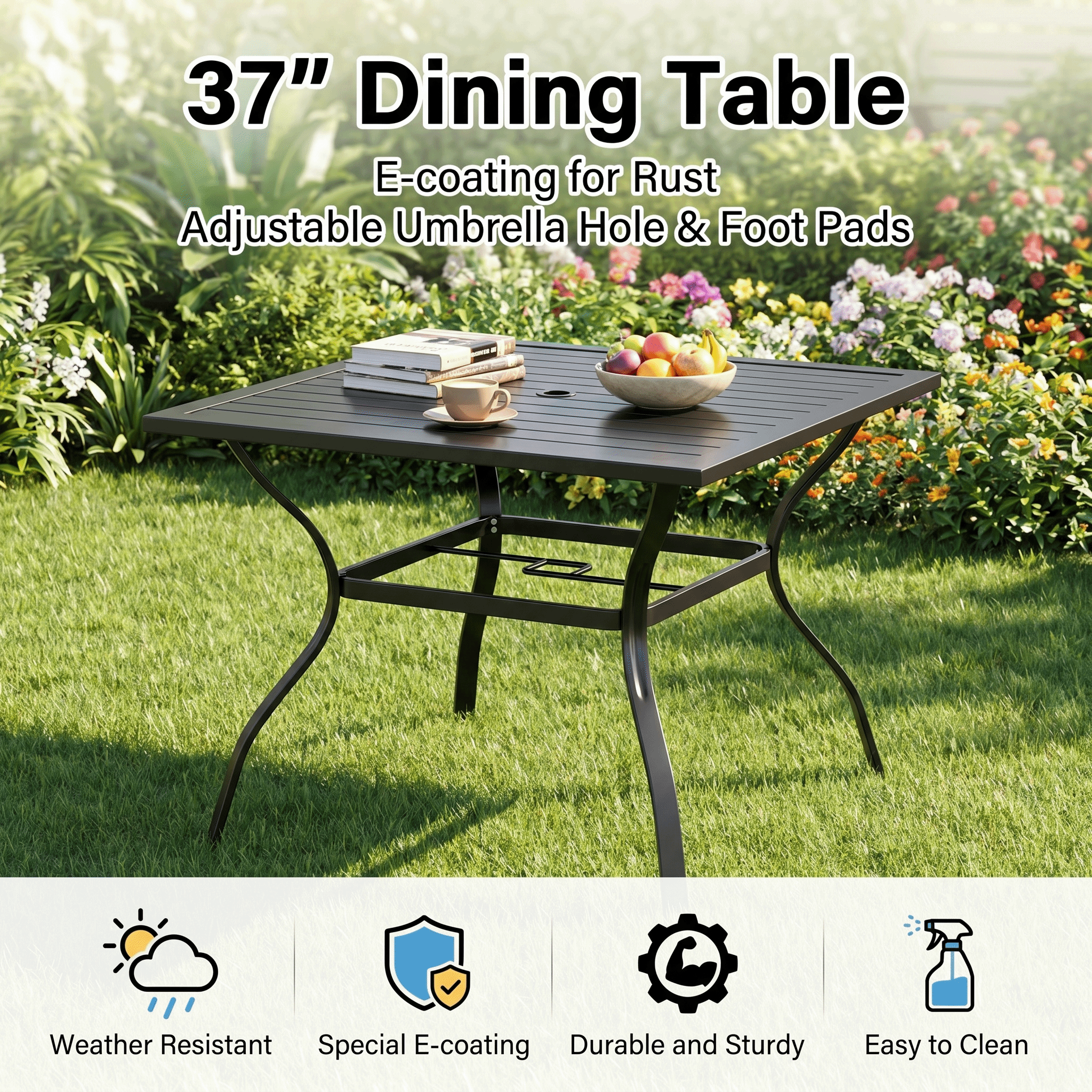 TLSUNNY 5-Piece Outdoor Patio Dining Set, W/ Metal Iron Square Table & Textilene Chairs for 4-Person