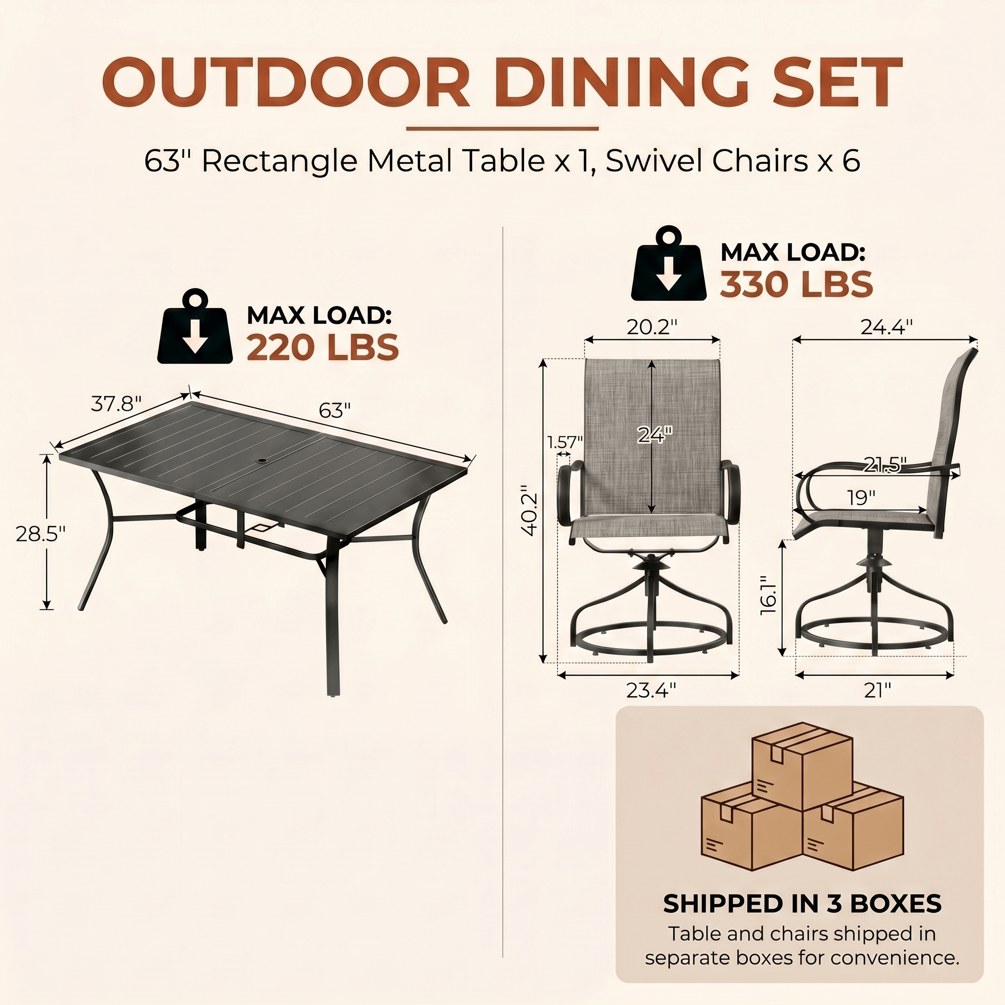 TLSUNNY Outdoor Dining Set, Patio Metal Table and Swivel Chairs Set, W/ Umbrella Hole & Foot Pads, Outdoor Furniture for Backyard, Porch, Garden