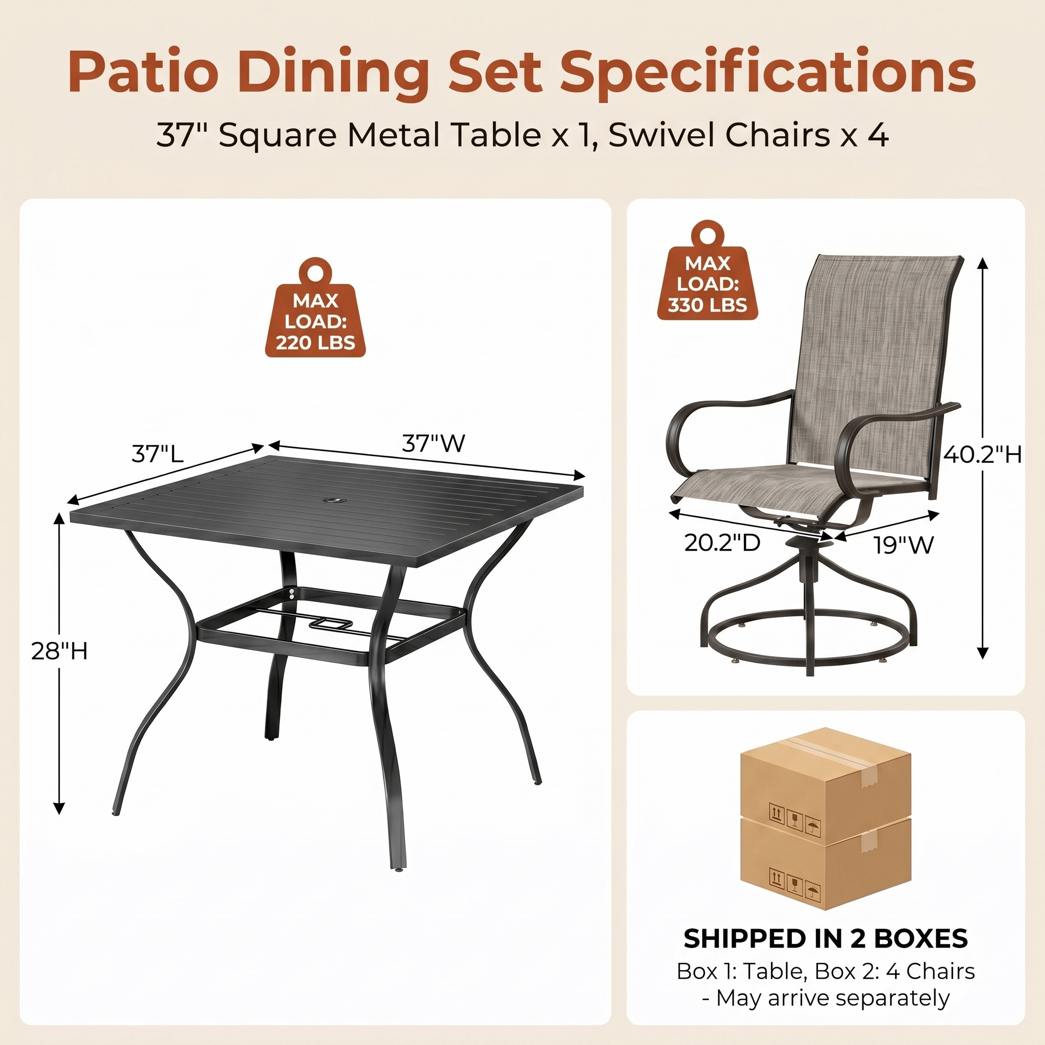 TLSUNNY Outdoor Dining Set, Patio Metal Table and Swivel Chairs Set, W/ Umbrella Hole & Foot Pads, Outdoor Furniture for Backyard, Porch, Garden