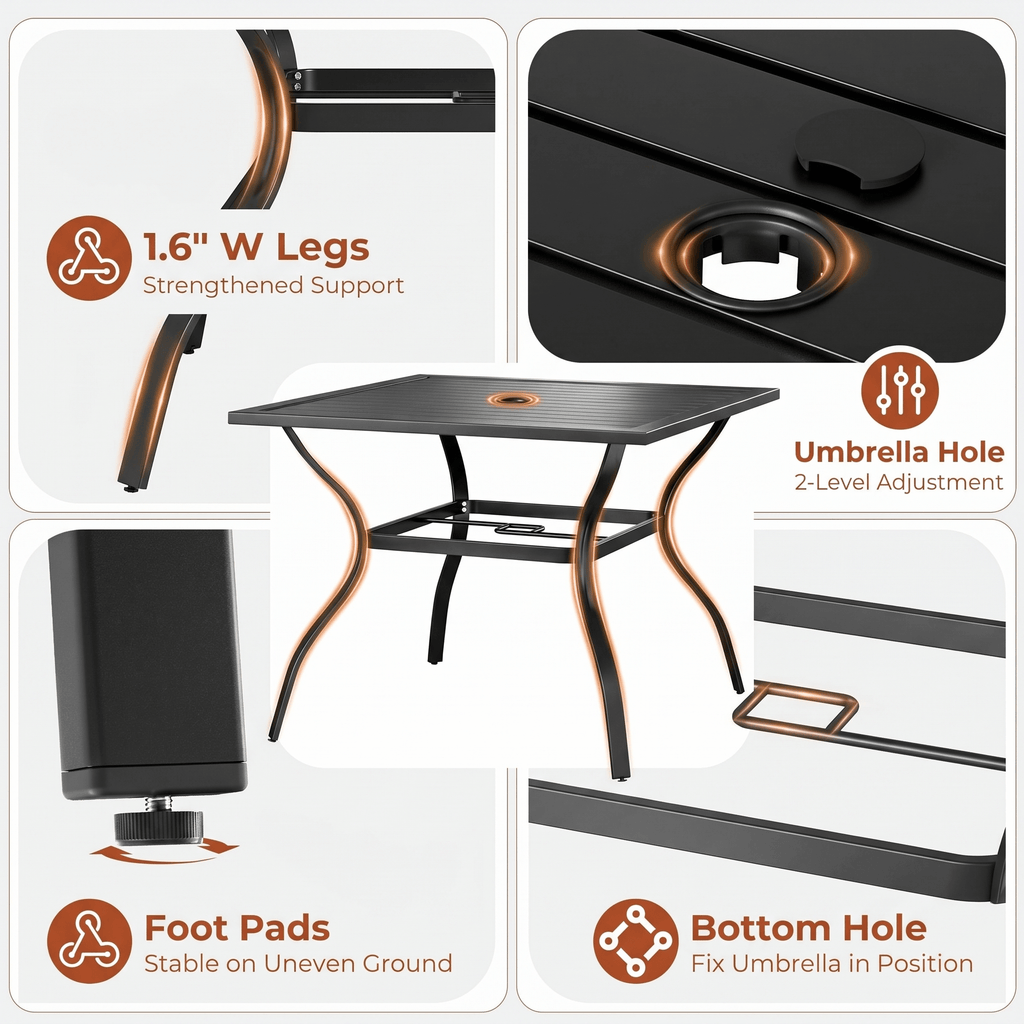 TLSUNNY Outdoor Dining Set, Patio Metal Table and Swivel Chairs Set, W/ Umbrella Hole & Foot Pads, Outdoor Furniture for Backyard, Porch, Garden