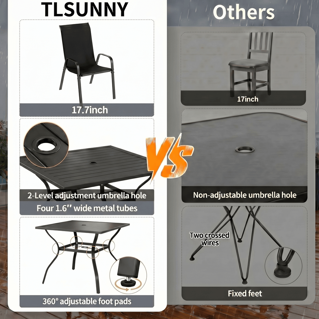 TLSUNNY 5-Piece Outdoor Patio Dining Set, W/ Metal Iron Square Table & Textilene Chairs for 4-Person