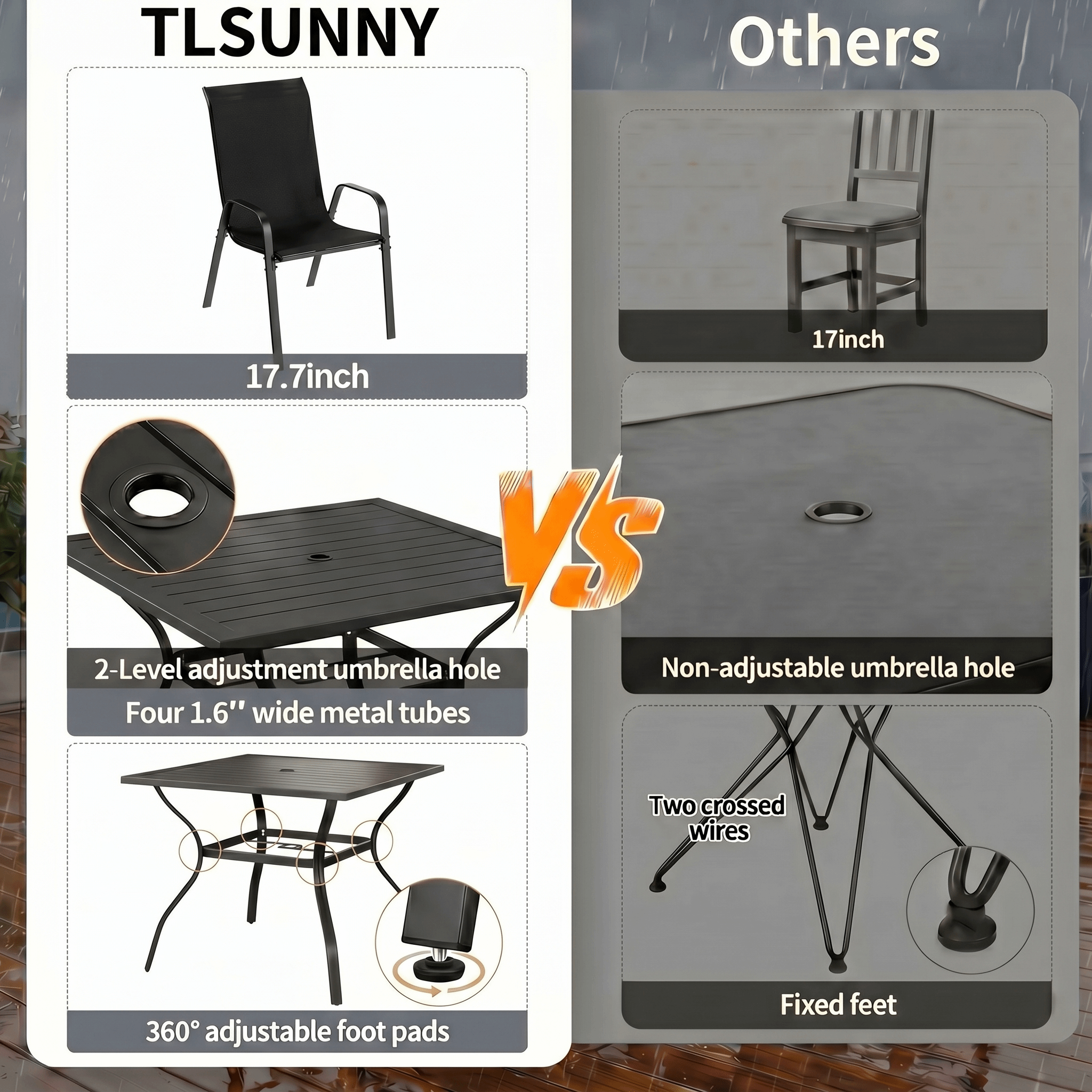 TLSUNNY 5-Piece Outdoor Patio Dining Set, W/ Metal Iron Square Table & Textilene Chairs for 4-Person