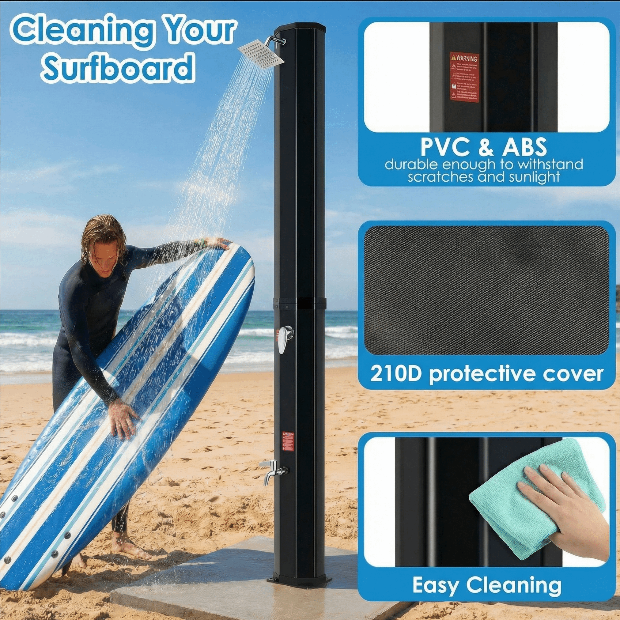 TLSUNNY 10.6/16 Gal Solar Heated Shower, Water Temperature Adjustable, W/ 360° Rotating Shower Head, Faucet, Protective Cover, 7.5FT Freestanding Outdoor Shower for Pool, Garden, Beach, SPA, Backyard