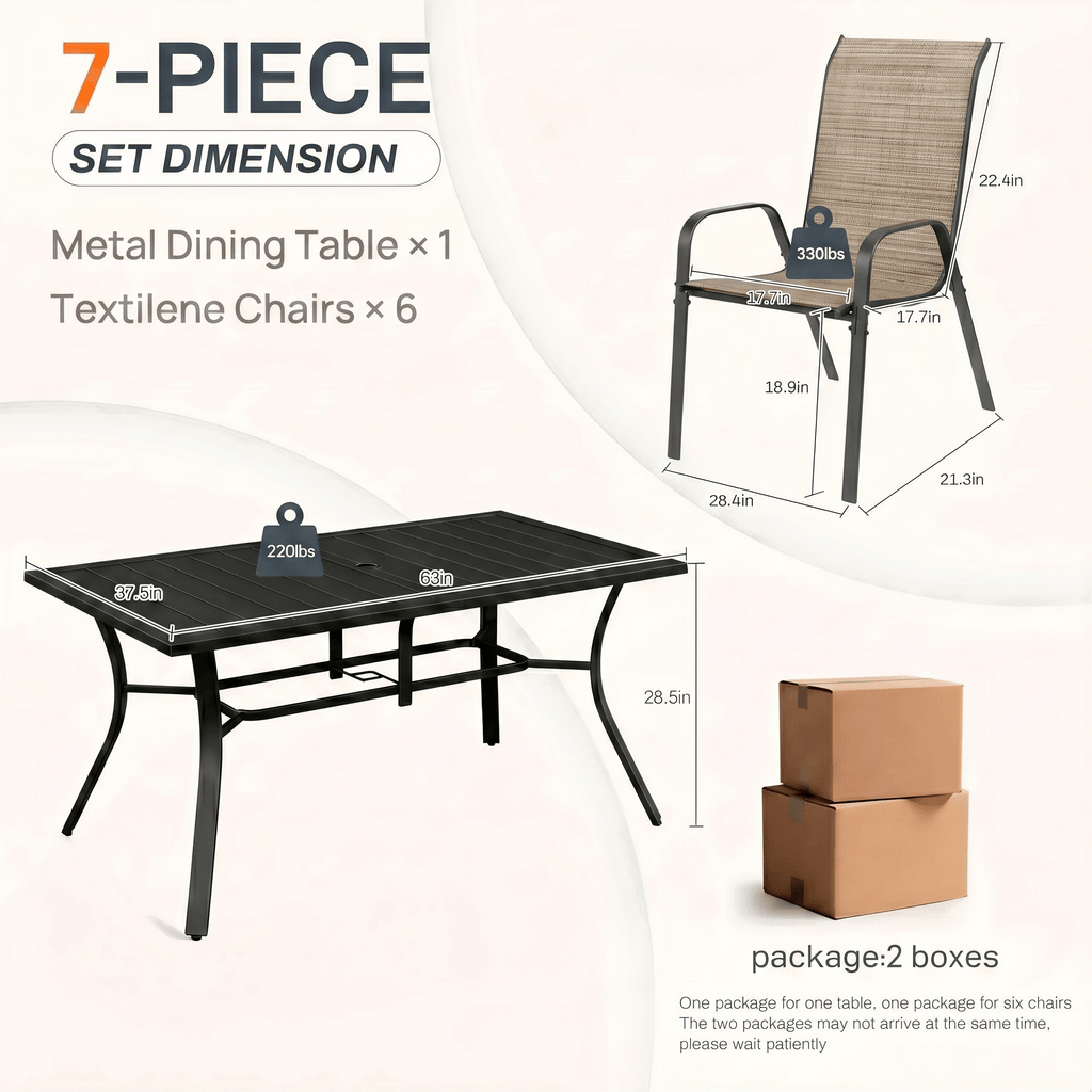 TLSUNNY Outdoor Dining Set, Patio Metal Table and 6 Chairs Set, W/ Umbrella Hole, Stackable Chairs, Outdoor Furniture for Backyard, Porch, Garden