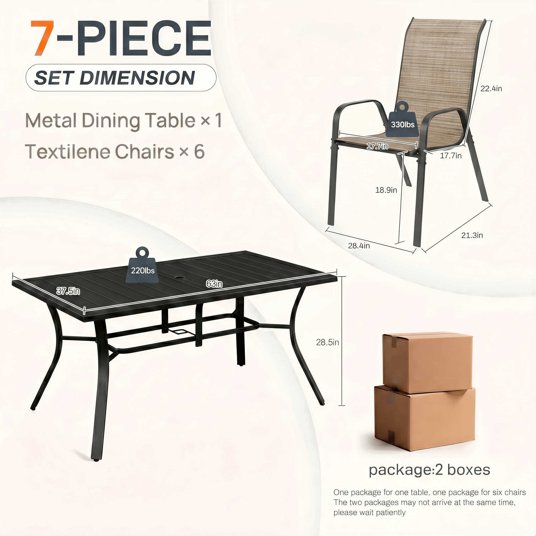 TLSUNNY Outdoor Dining Set, Patio Metal Table and 6 Chairs Set, W/ Umbrella Hole, Stackable Chairs, Outdoor Furniture for Backyard, Porch, Garden