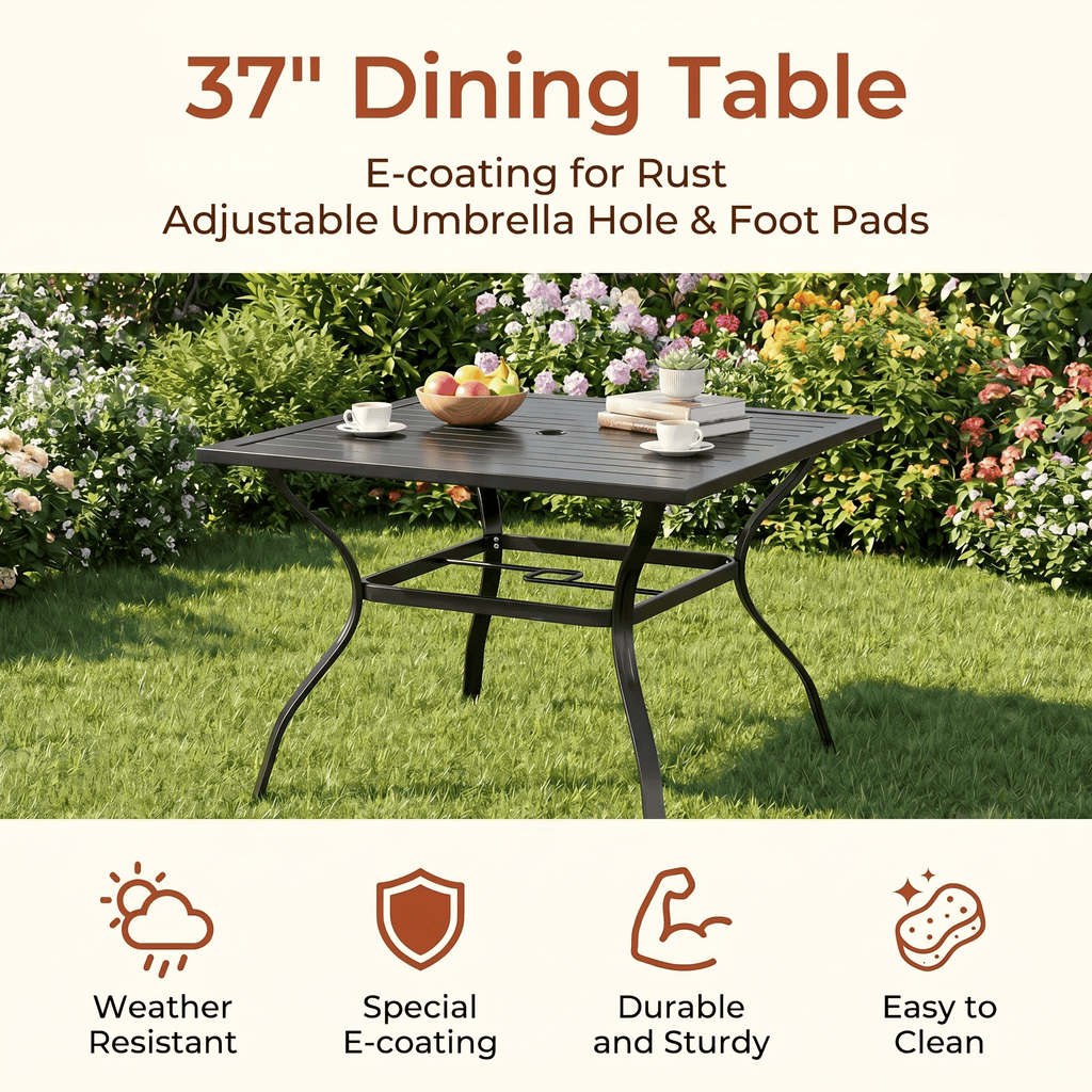 TLSUNNY Outdoor Dining Set, Patio Metal Table and Swivel Chairs Set, W/ Umbrella Hole & Foot Pads, Outdoor Furniture for Backyard, Porch, Garden