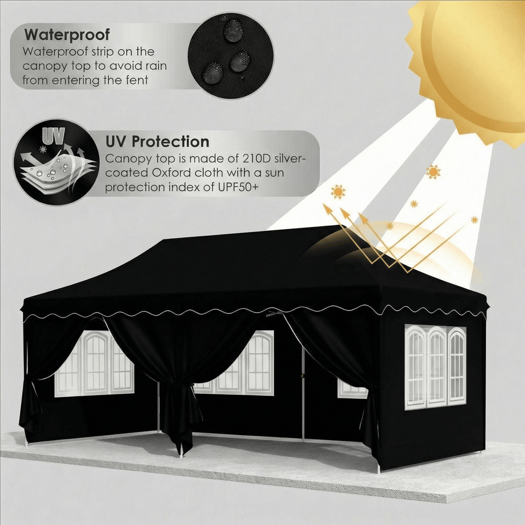 TLSUNNY 10'x20' Pop up Canopy Tent with 6 Sidewalls, Adjustable Height Commercial Events Instant Gazebo, with Wheeled Bag