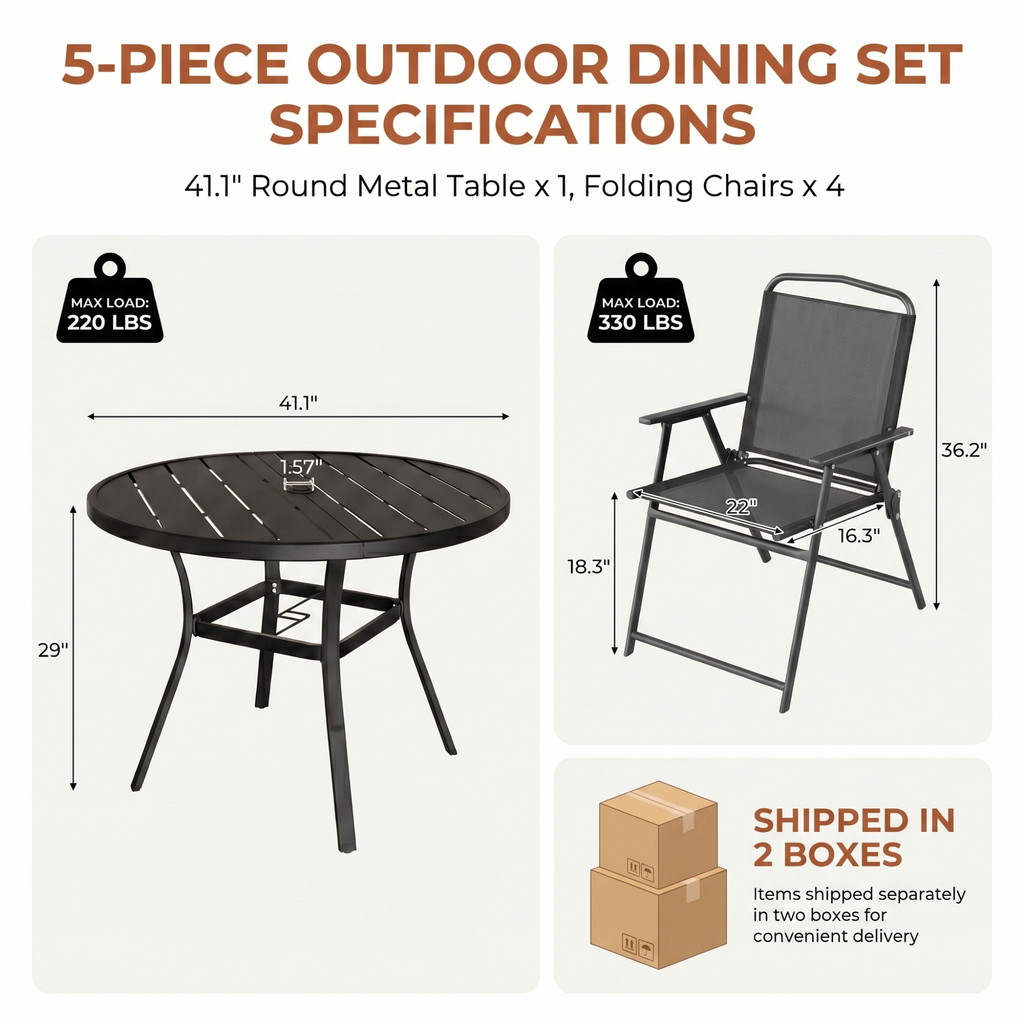 TLSUNNY Patio Dining Set, Folding Chairs and Round Table W/ Umbrella Hole Outdoor Dining Furniture for Bistro, Garden, Backyard, Deck