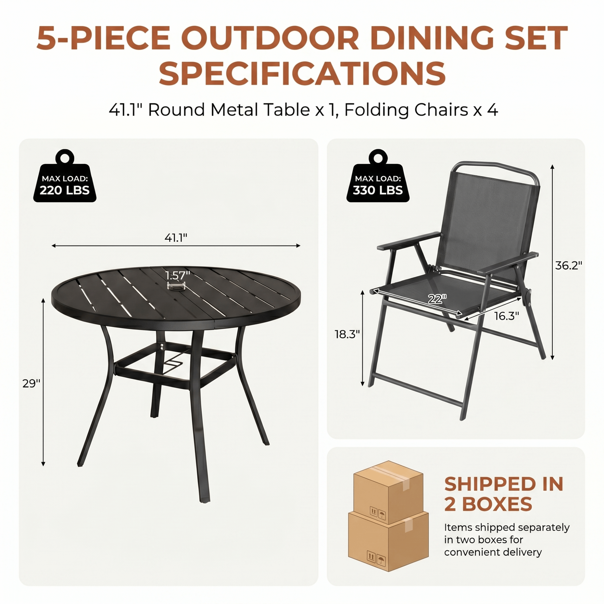 TLSUNNY Patio Dining Set, Folding Chairs and Round Table W/ Umbrella Hole Outdoor Dining Furniture for Bistro, Garden, Backyard, Deck
