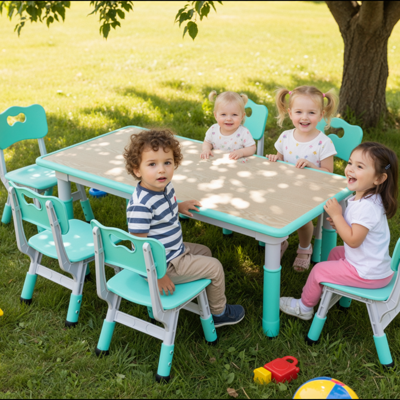 TLSUNNY Kids Table and 6 Chairs Set, Height Adjustable, Preschool Activity Table with Graffiti Top for Daycare Classroom, Ages 3-12