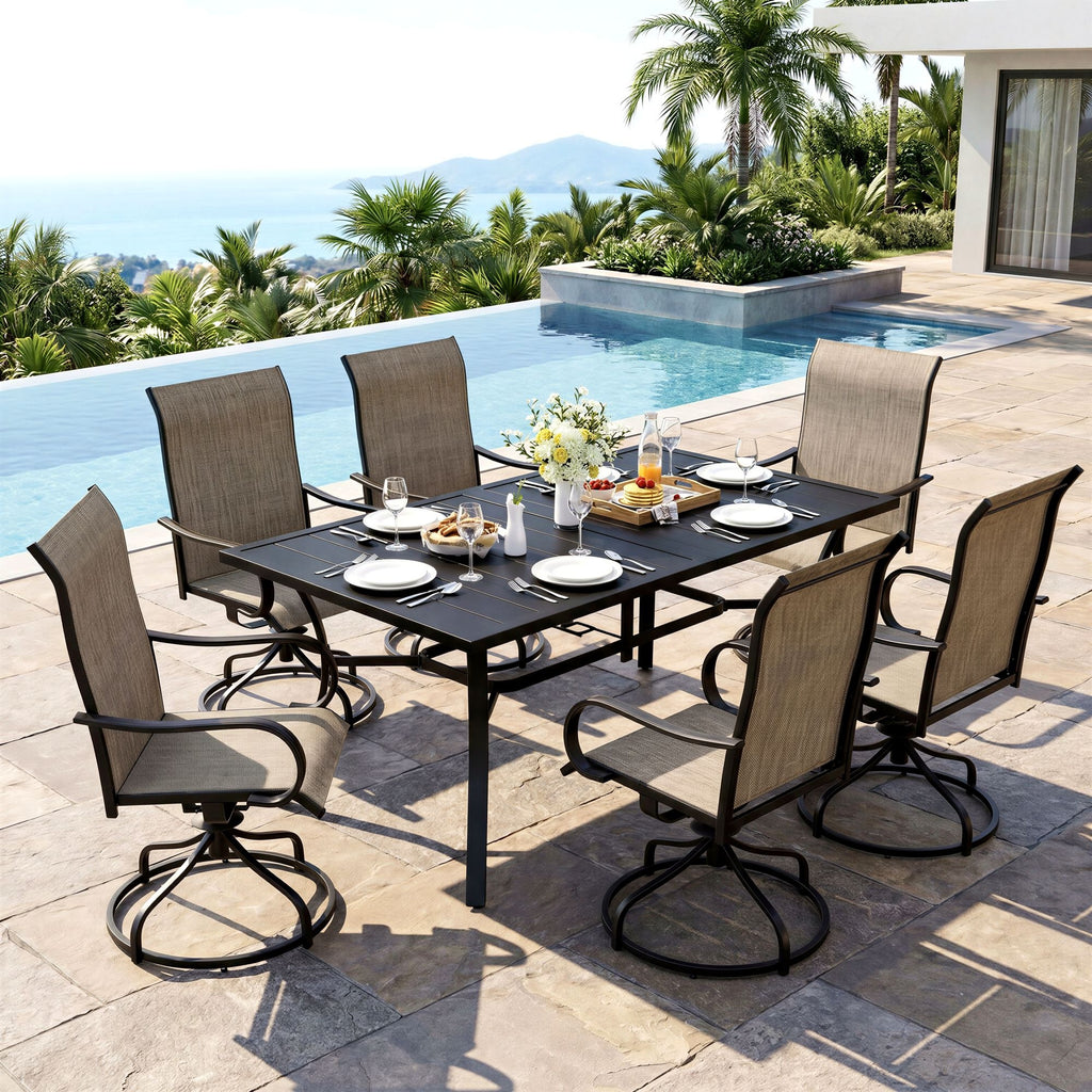 TLSUNNY Outdoor Dining Set, Patio Metal Table and Swivel Chairs Set, W/ Umbrella Hole & Foot Pads, Outdoor Furniture for Backyard, Porch, Garden