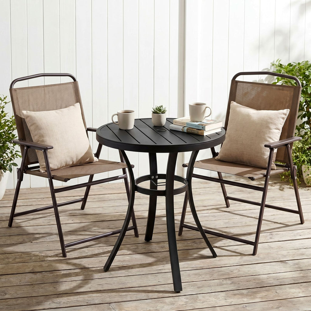 TLSUNNY Patio Dining Set, Folding Chairs and Round Table W/ Umbrella Hole Outdoor Dining Furniture for Bistro, Garden, Backyard, Deck