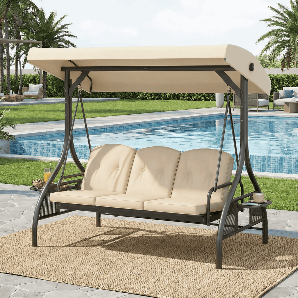 TLSUNNY Canopy Swing Chair Set, 3-Seat Outdoor Swing Chair with Stand & Removable Seat Cushion, for Patio, Backyard, Balcony Relaxation, Supports 750LBS