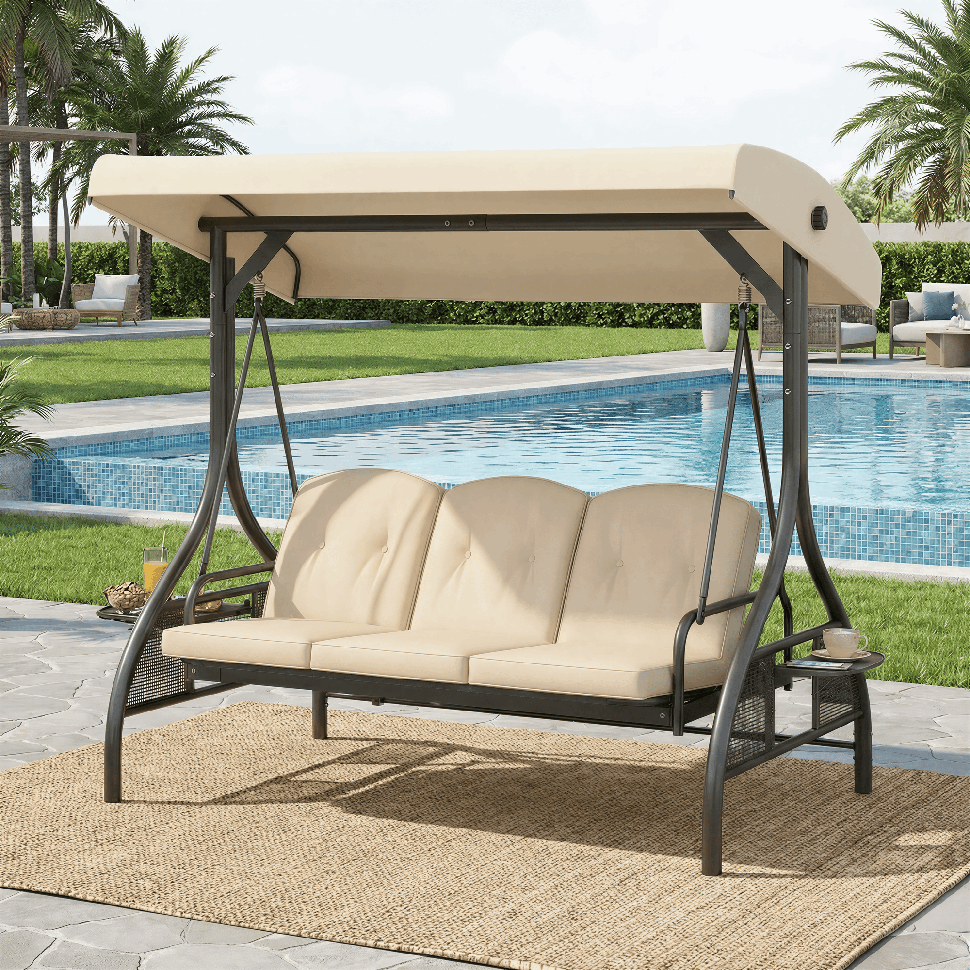 TLSUNNY Canopy Swing Chair Set, 3-Seat Outdoor Swing Chair with Stand & Removable Seat Cushion, for Patio, Backyard, Balcony Relaxation, Supports 750LBS