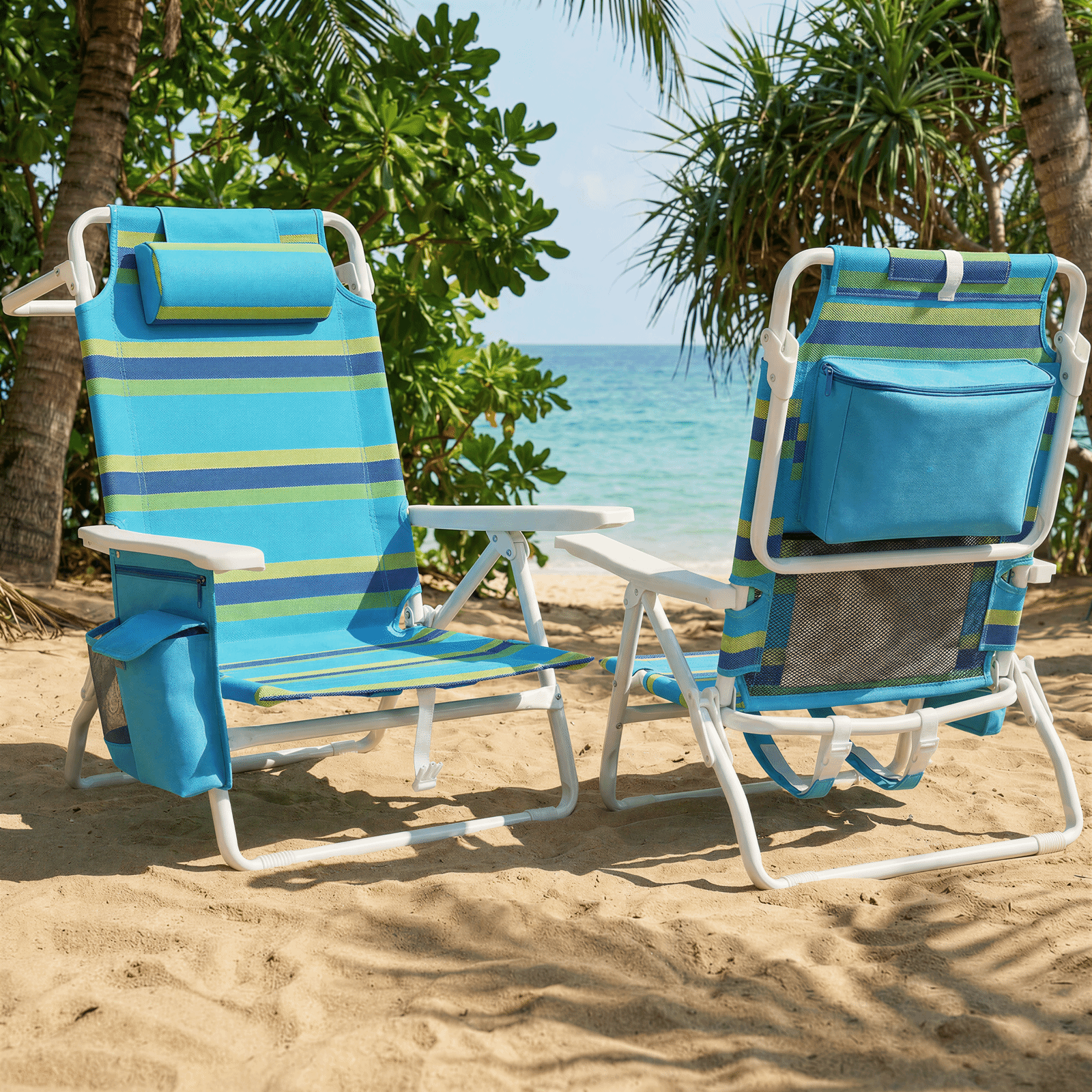 TLSUNNY Backpack Beach Chair Set of 1/2, Outdoor 5-Level Adjustable Folding Chair, w/ Cup Holder, Headrest, Storage Bag, Cooler Pouch, for Camping