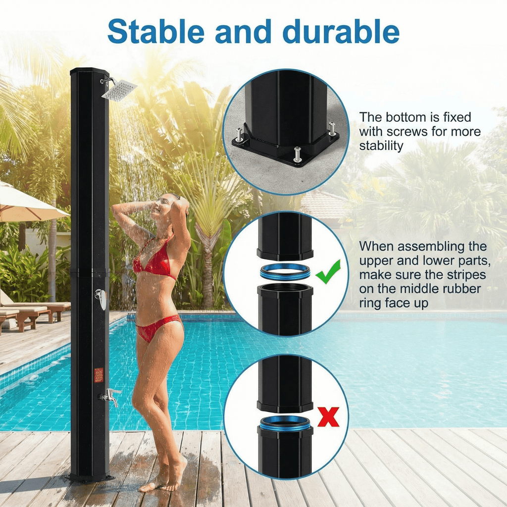 TLSUNNY 10.6/16 Gal Solar Heated Shower, Water Temperature Adjustable, W/ 360° Rotating Shower Head, Faucet, Protective Cover, 7.5FT Freestanding Outdoor Shower for Pool, Garden, Beach, SPA, Backyard