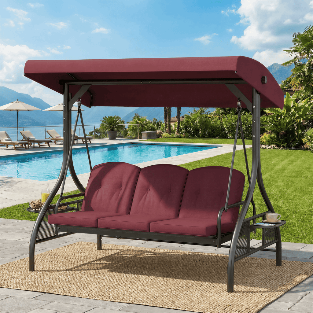 TLSUNNY Canopy Swing Chair Set, 3-Seat Outdoor Swing Chair with Stand & Removable Seat Cushion, for Patio, Backyard, Balcony Relaxation, Supports 750LBS