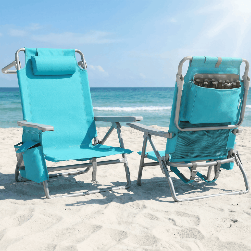 TLSUNNY Backpack Beach Chair Set of 1/2, Outdoor 5-Level Adjustable Folding Chair, w/ Cup Holder, Headrest, Storage Bag, Cooler Pouch, for Camping