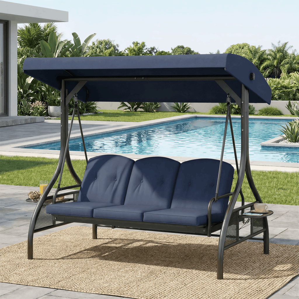 TLSUNNY Canopy Swing Chair Set, 3-Seat Outdoor Swing Chair with Stand & Removable Seat Cushion, for Patio, Backyard, Balcony Relaxation, Supports 750LBS