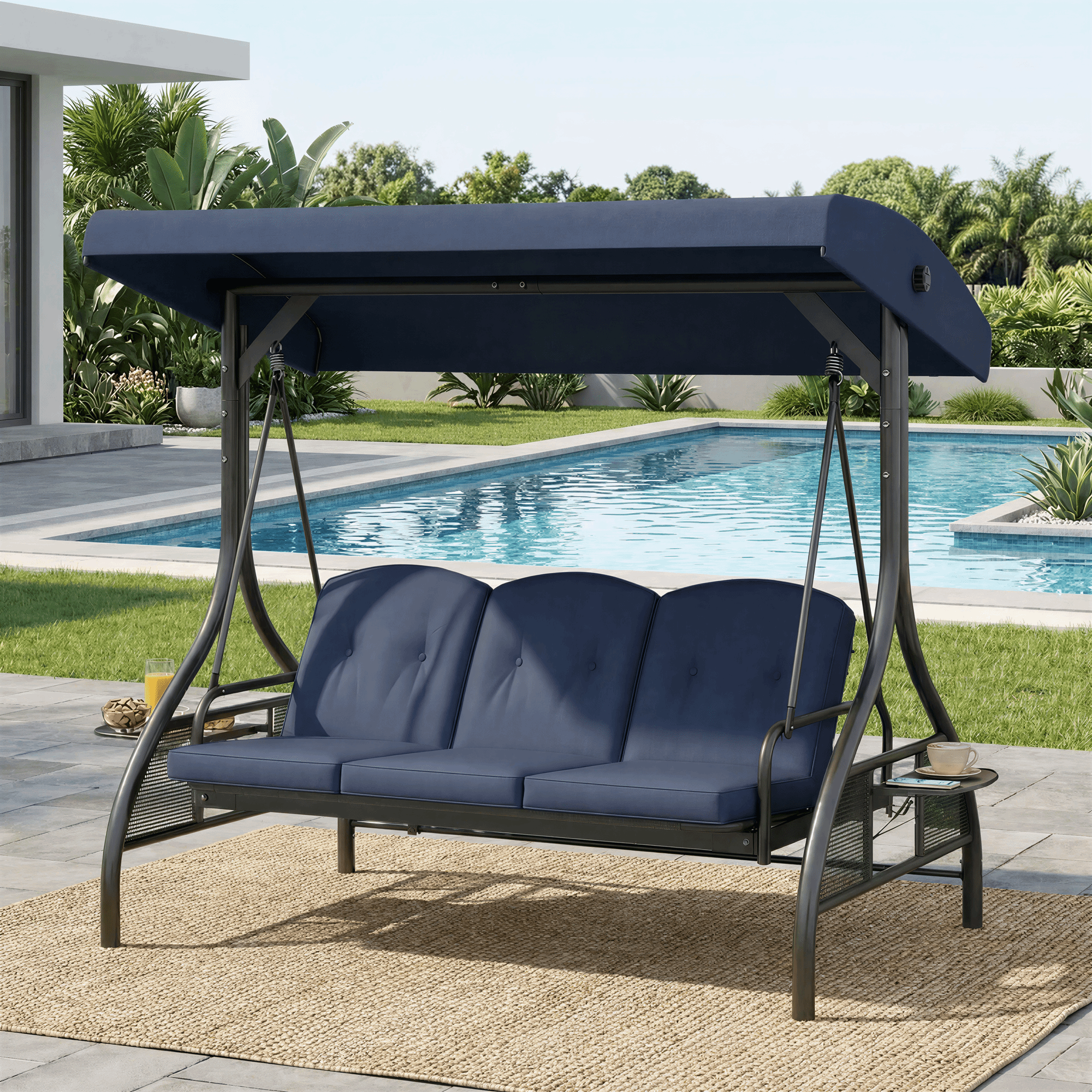 TLSUNNY Canopy Swing Chair Set, 3-Seat Outdoor Swing Chair with Stand & Removable Seat Cushion, for Patio, Backyard, Balcony Relaxation, Supports 750LBS